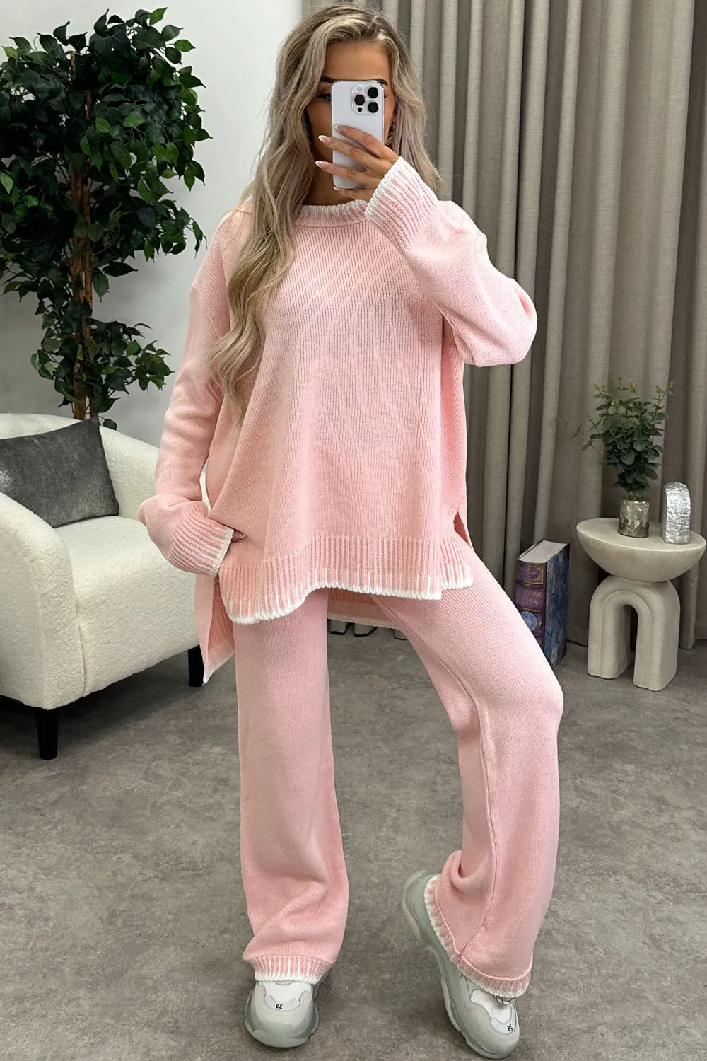 Cloe Baby Pink Contrast Trim Knitted Jumper and Wide Leg Trousers Co-Ord Set