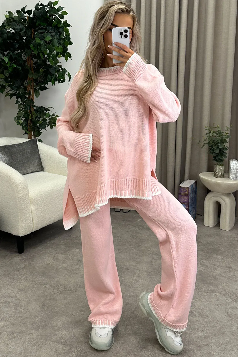 Cloe Baby Pink Contrast Trim Knitted Jumper and Wide Leg Trousers Co-Ord Set