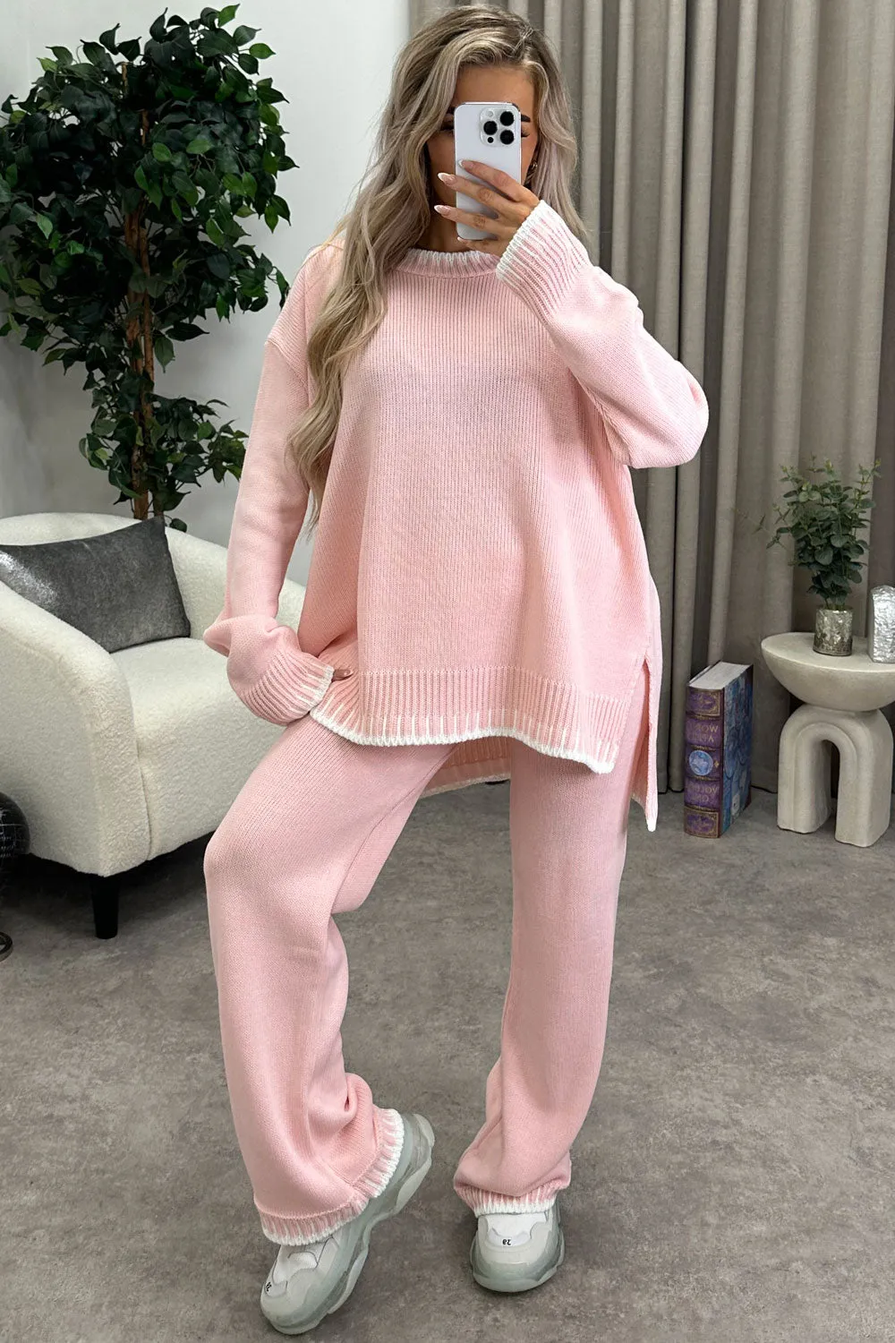 Cloe Baby Pink Contrast Trim Knitted Jumper and Wide Leg Trousers Co-Ord Set