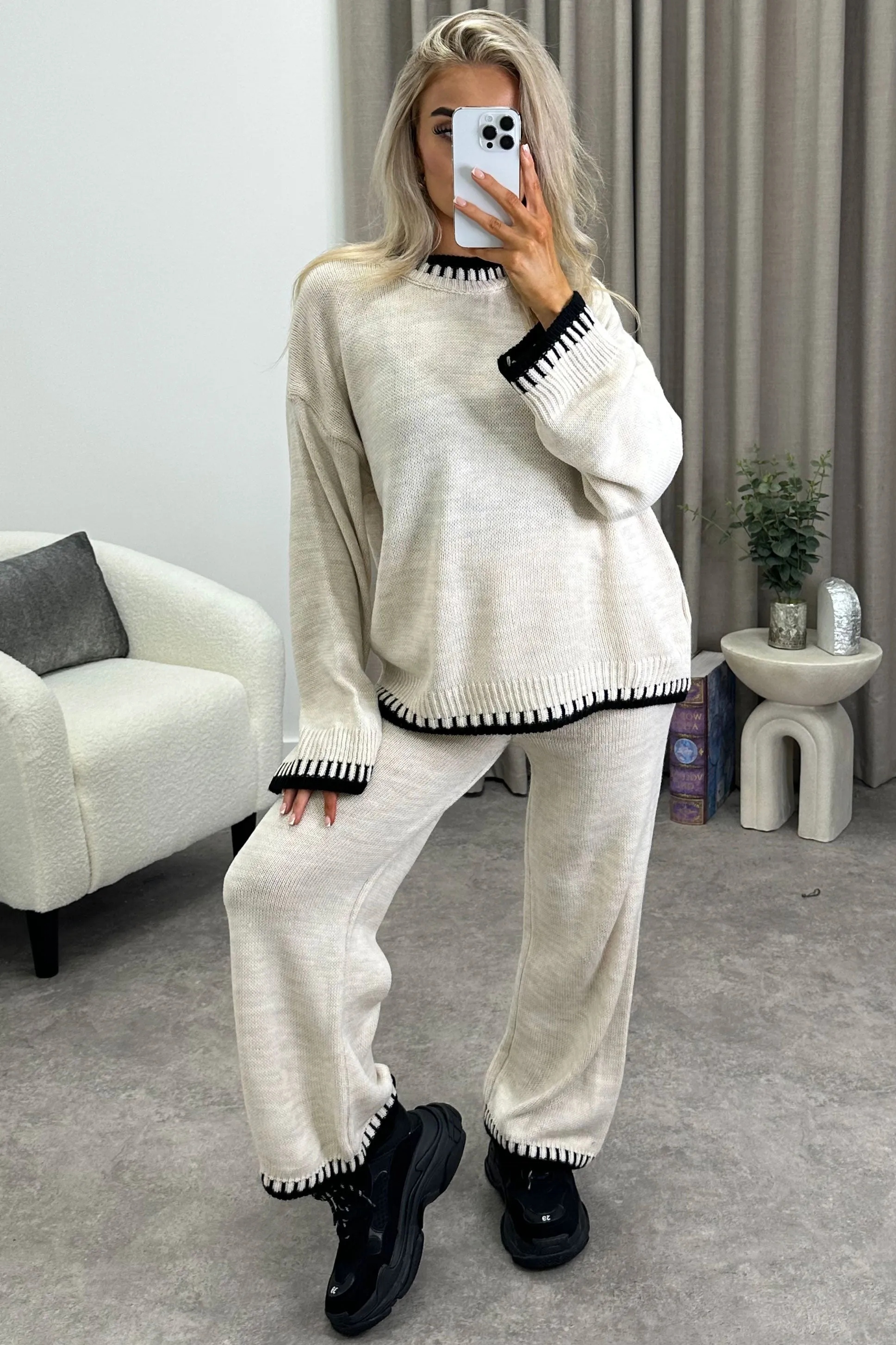 Cloe Beige Contrast Trim Knitted Jumper and Wide Leg Trousers Co-Ord Set