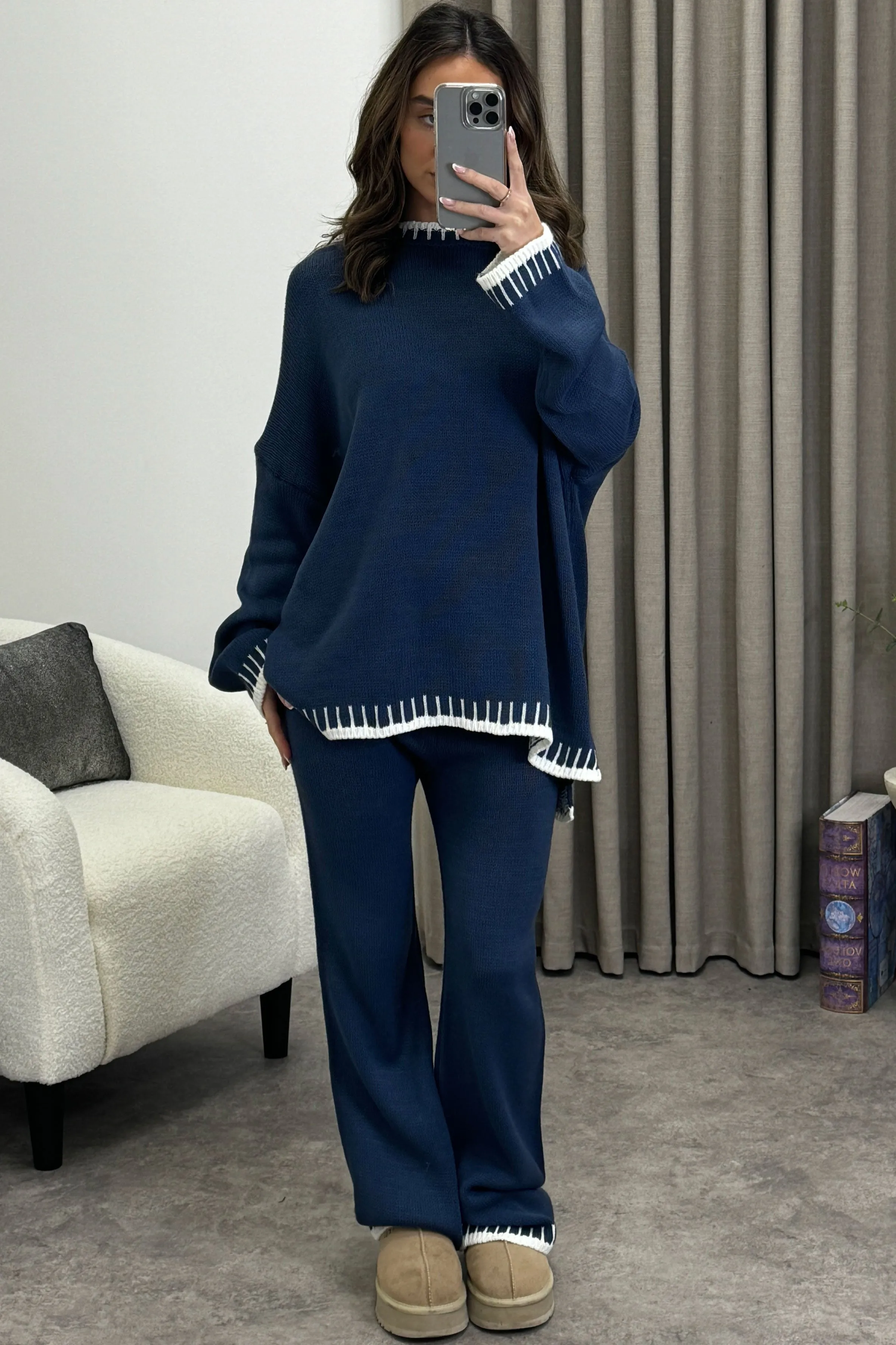 Cloe Blue Contrast Trim Knitted Jumper and Wide Leg Trousers Co-Ord Set