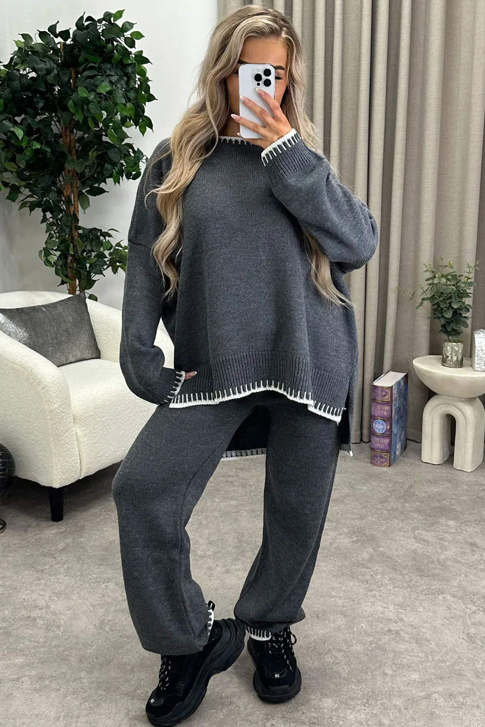 Cloe Charcoal Contrast Trim Knitted Jumper and Wide Leg Trousers Co-Ord Set