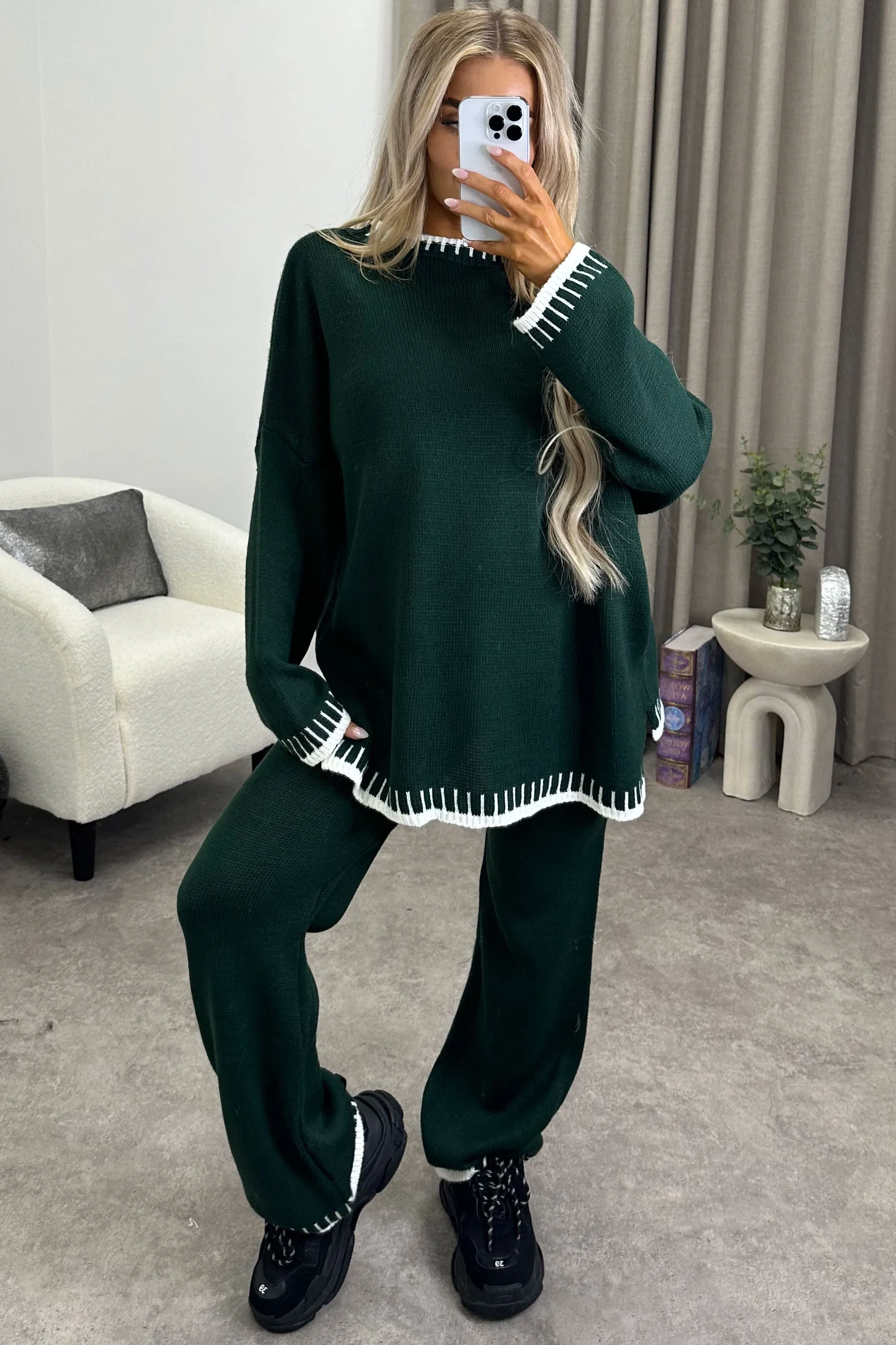 Cloe Dark Green Contrast Trim Knitted Jumper and Wide Leg Trousers Co-Ord Set