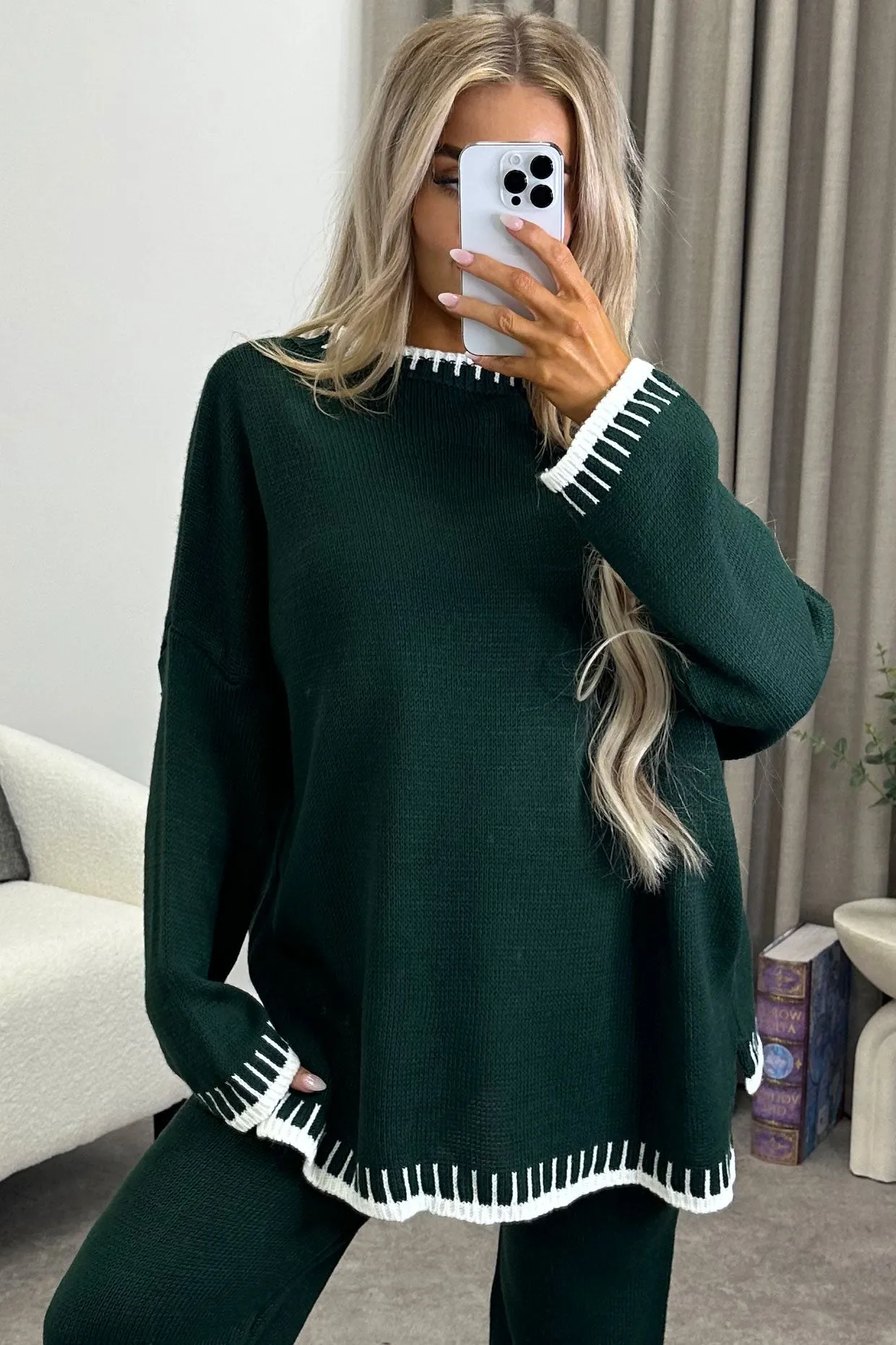 Cloe Dark Green Contrast Trim Knitted Jumper and Wide Leg Trousers Co-Ord Set