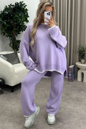 Cloe Lilac Contrast Trim Knitted Jumper and Wide Leg Trousers Co-Ord Set