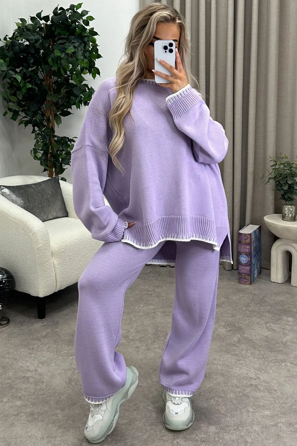 Cloe Lilac Contrast Trim Knitted Jumper and Wide Leg Trousers Co-Ord Set