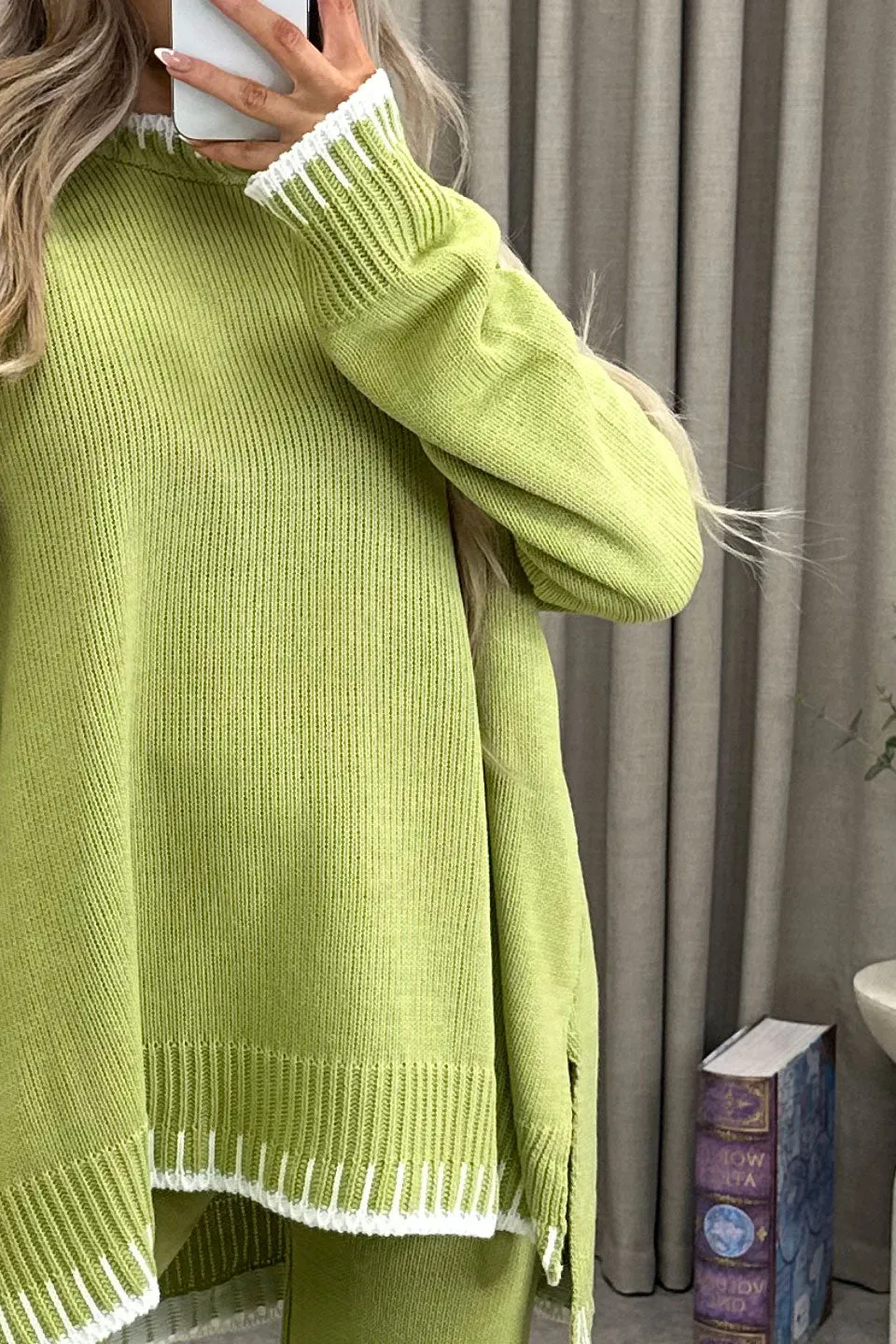 Cloe Lime Green Contrast Trim Knitted Jumper and Wide Leg Trousers Co-Ord Set