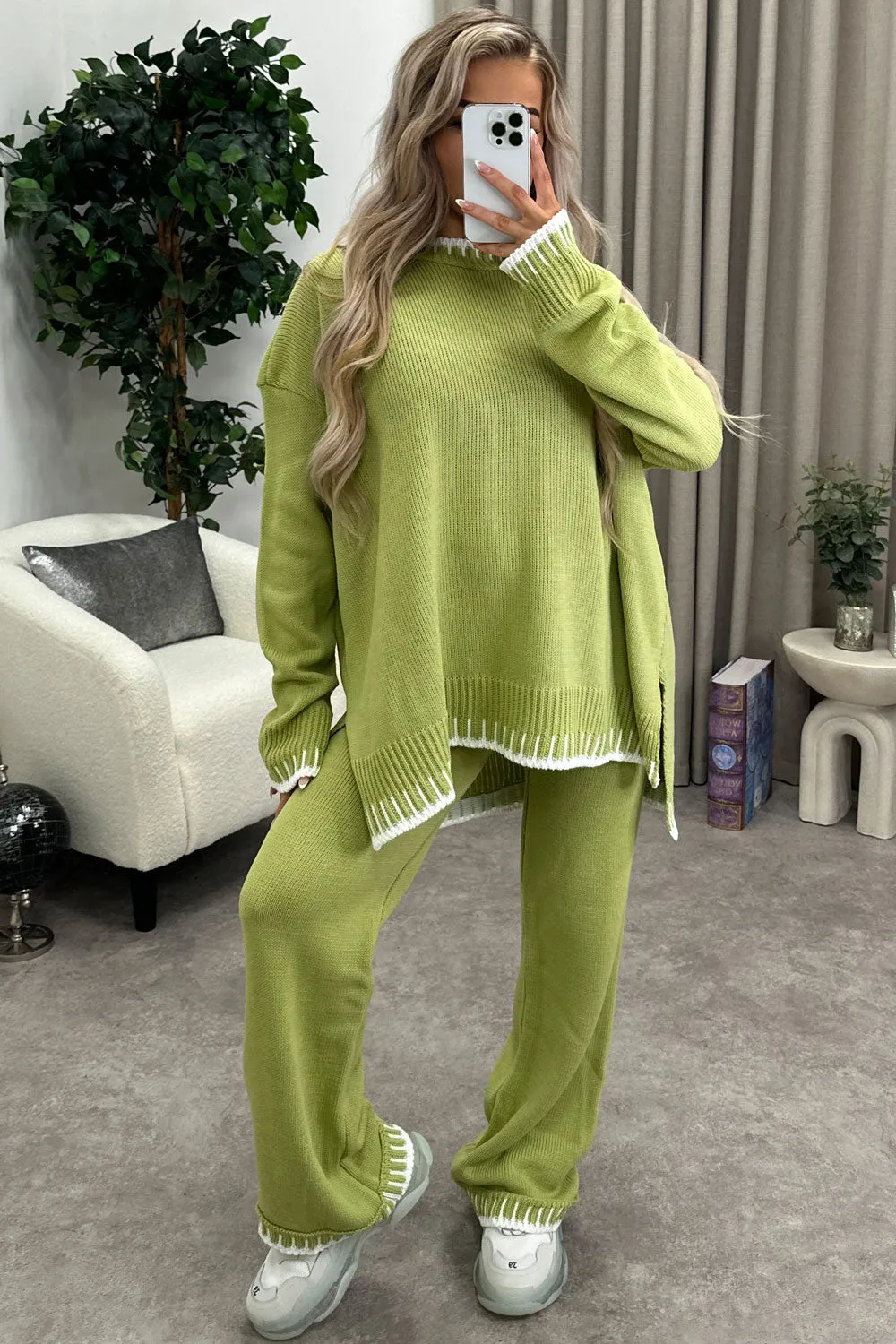 Cloe Lime Green Contrast Trim Knitted Jumper and Wide Leg Trousers Co-Ord Set