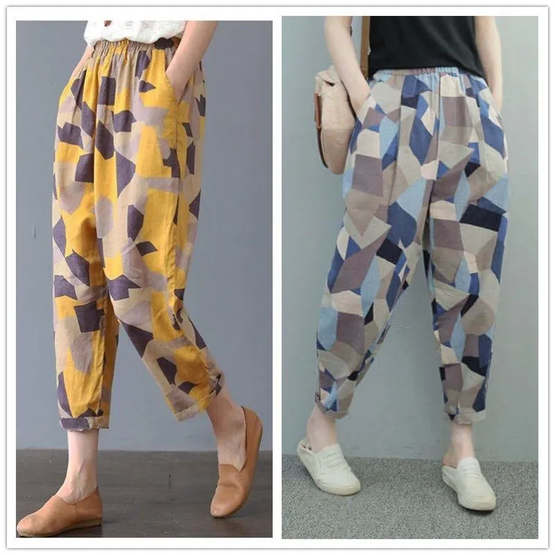 Cotton Linen Harem Women Pants  Summer Fashion Graffi Printed Casual High Waist Calf-Length Loose Trousers Female Streetwear