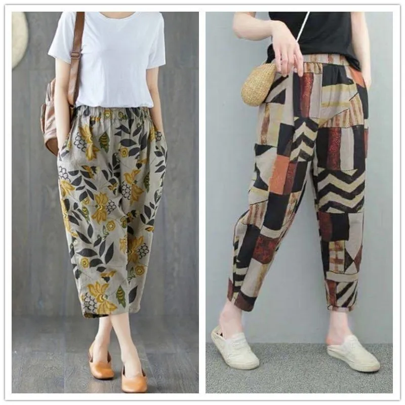 Cotton Linen Harem Women Pants  Summer Fashion Graffi Printed Casual High Waist Calf-Length Loose Trousers Female Streetwear