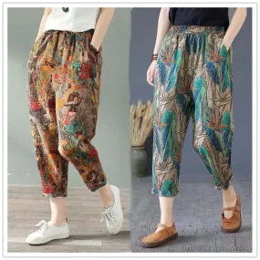 Cotton Linen Harem Women Pants  Summer Fashion Graffi Printed Casual High Waist Calf-Length Loose Trousers Female Streetwear