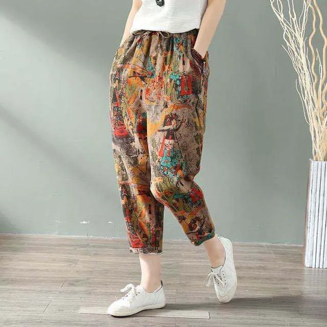 Cotton Linen Harem Women Pants  Summer Fashion Graffi Printed Casual High Waist Calf-Length Loose Trousers Female Streetwear