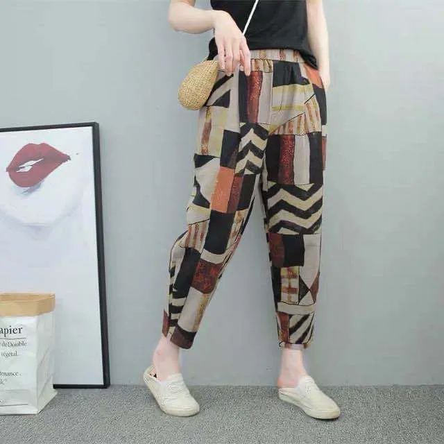 Cotton Linen Harem Women Pants  Summer Fashion Graffi Printed Casual High Waist Calf-Length Loose Trousers Female Streetwear