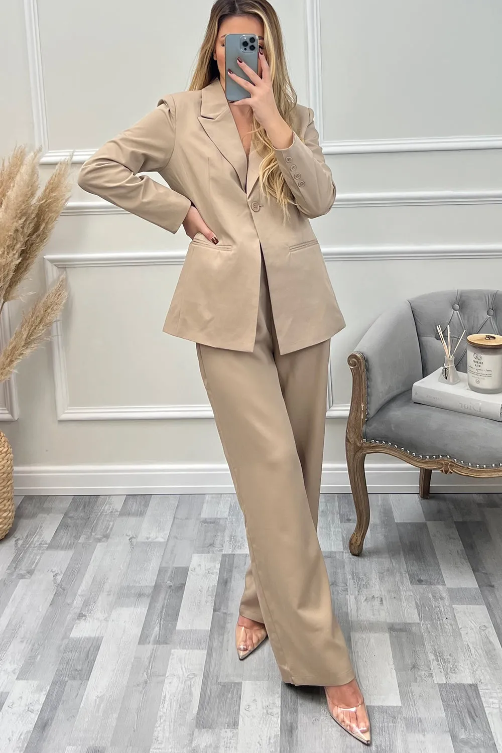 Cyndi Beige High Waisted Wide Leg Tailored Trousers