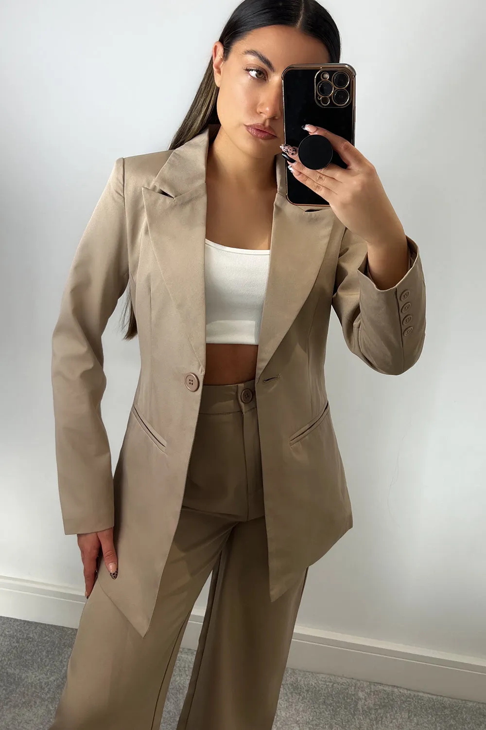 Cyndi Beige High Waisted Wide Leg Tailored Trousers