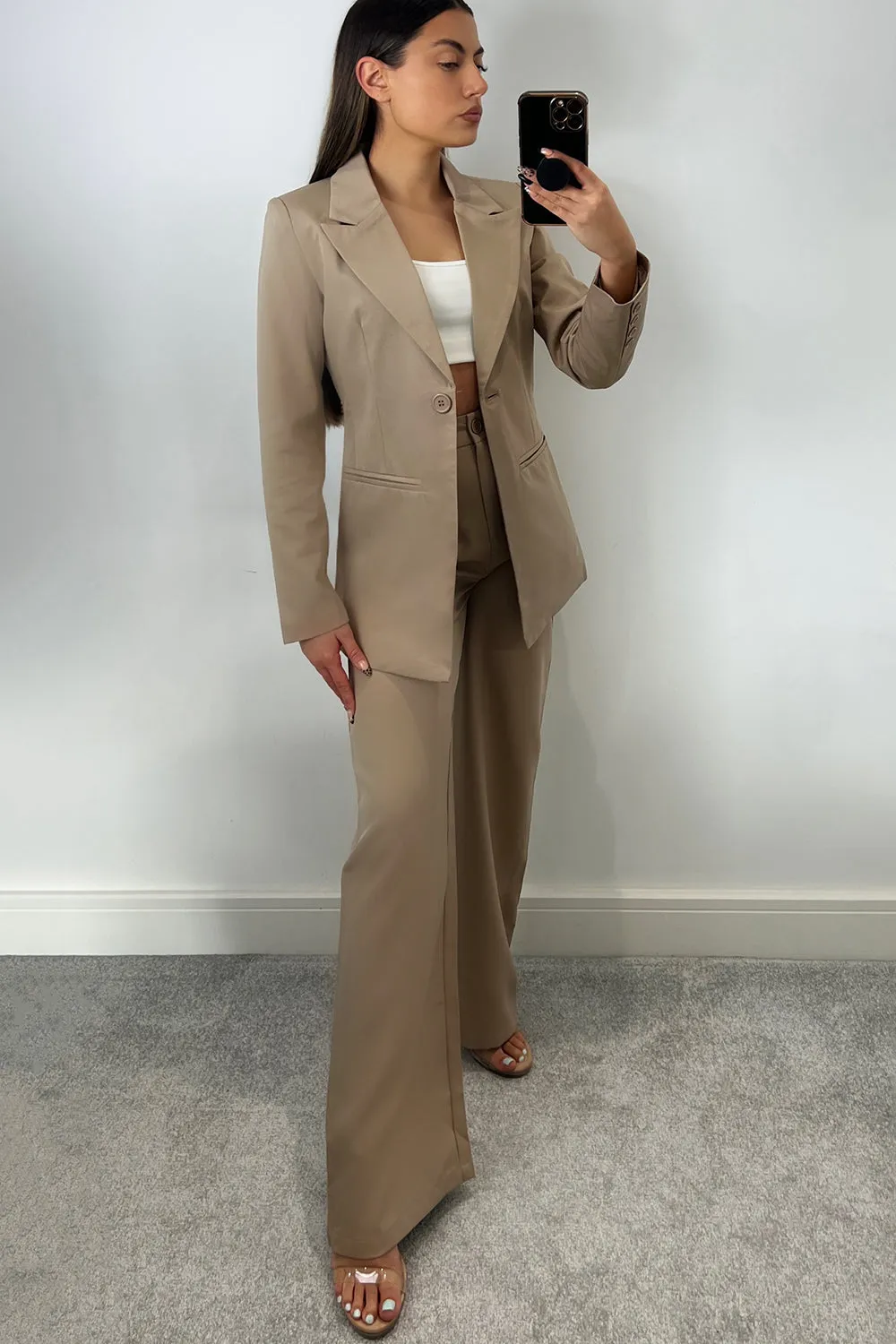 Cyndi Beige High Waisted Wide Leg Tailored Trousers