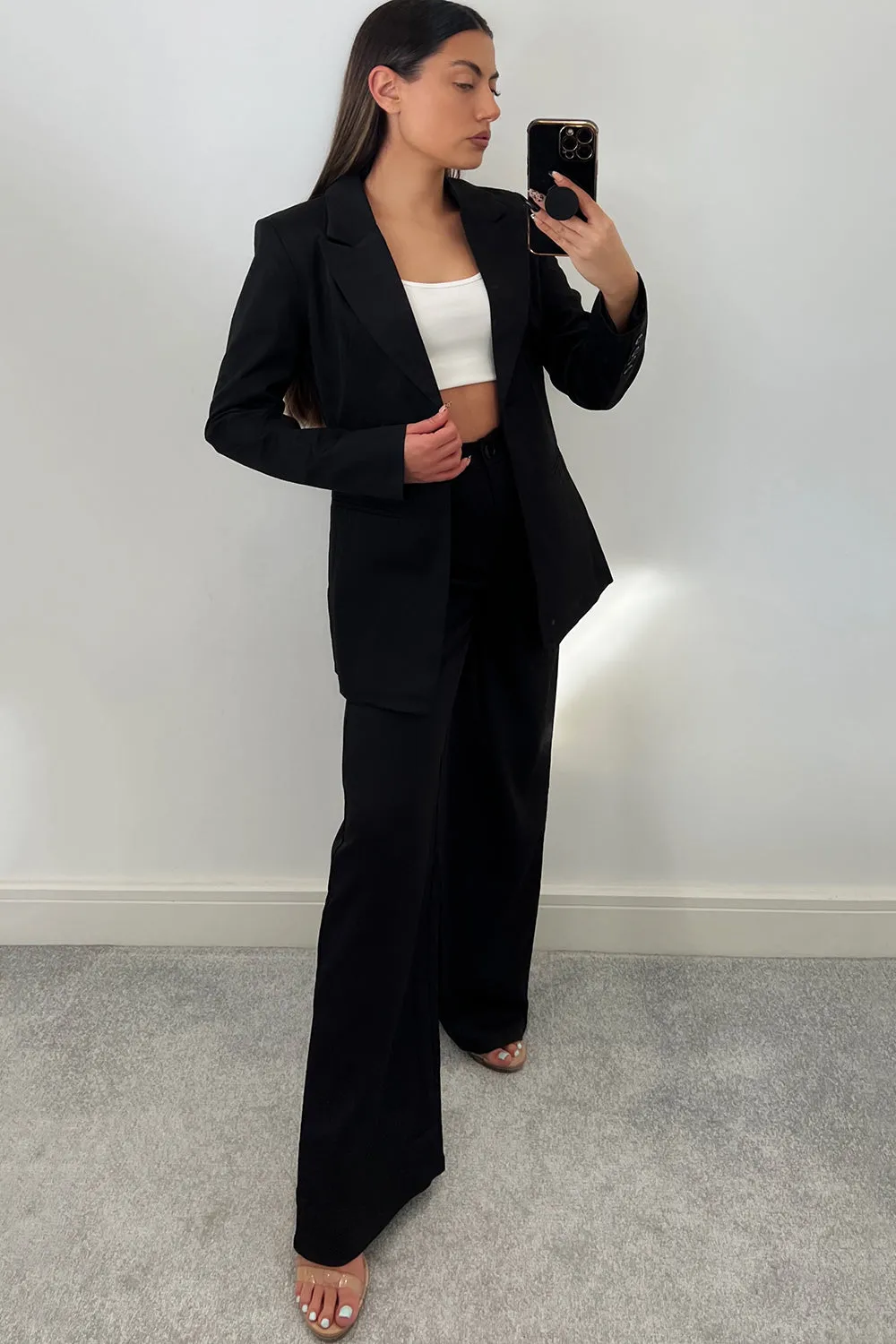 Cyndi Black High Waisted Wide Leg Tailored Trousers