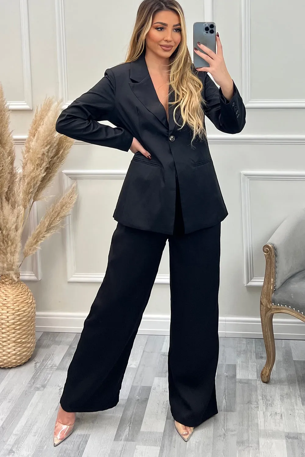 Cyndi Black High Waisted Wide Leg Tailored Trousers