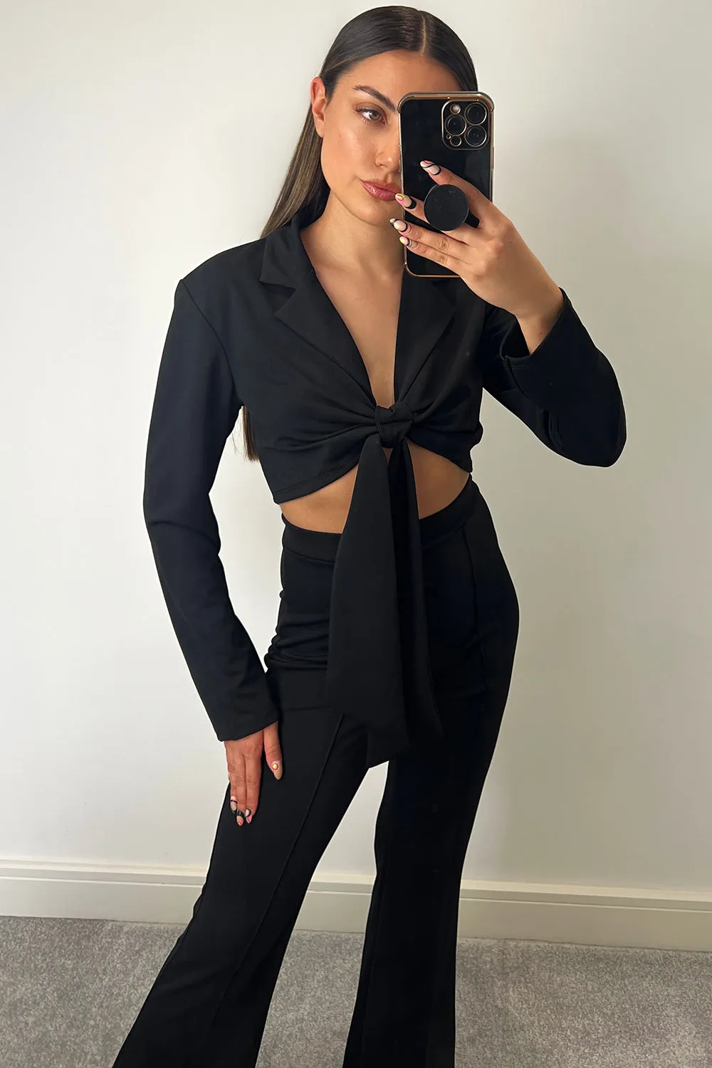 Danni Black Tie Front Crop Top & Trousers Co-Ord Set