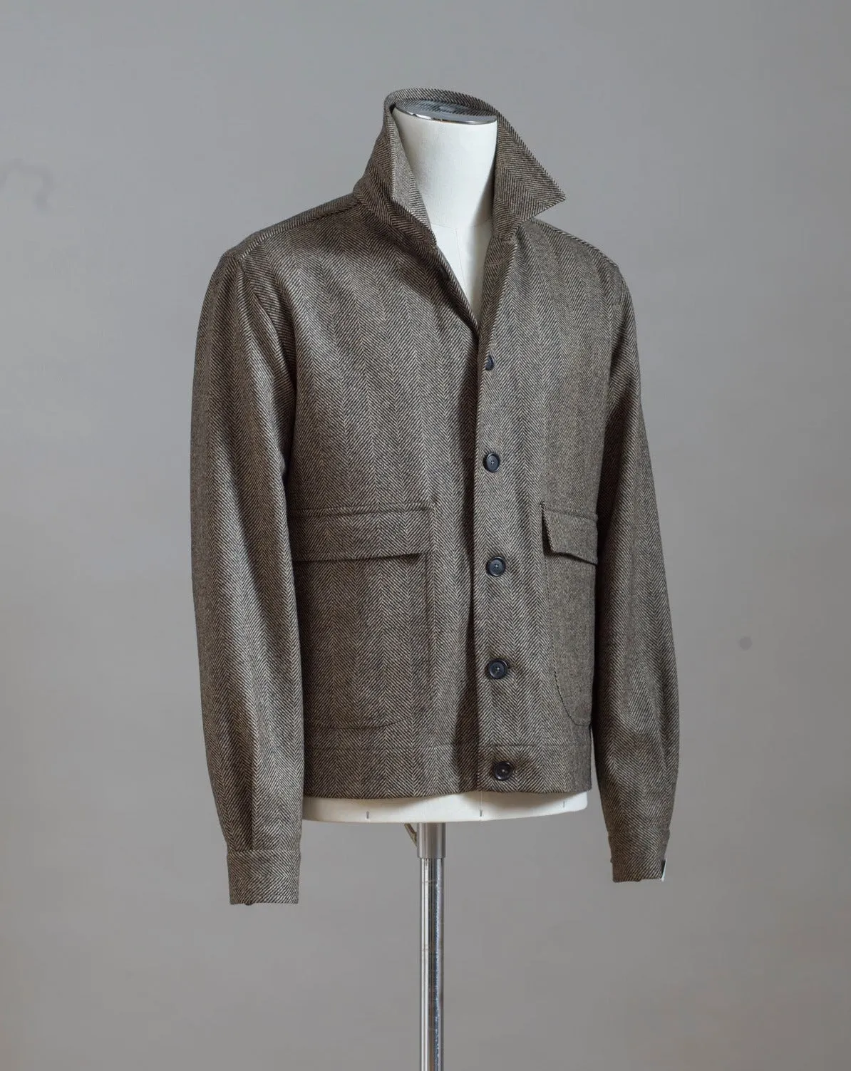 De Petrillo Herringbone Wool Bomber Jacket / Brown