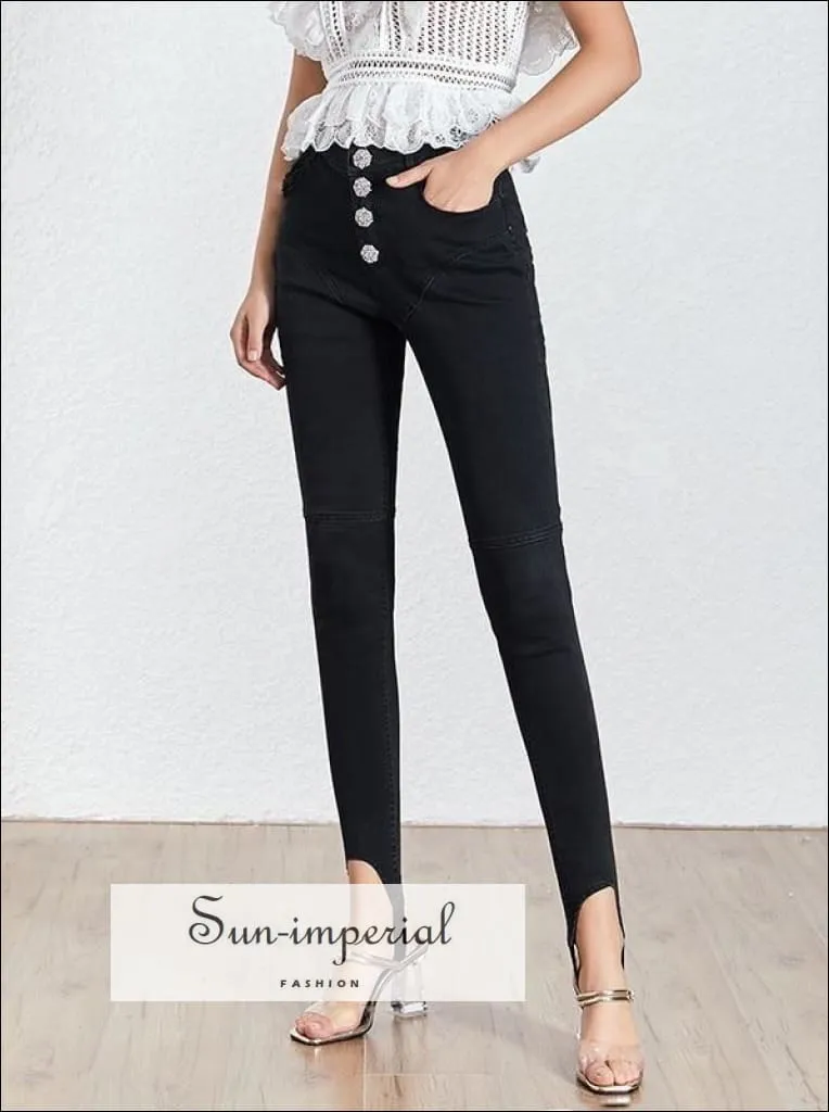 Denmark Pants - Black Denim Trousers for Women High Waist Diamonds Buttons Long Jeans