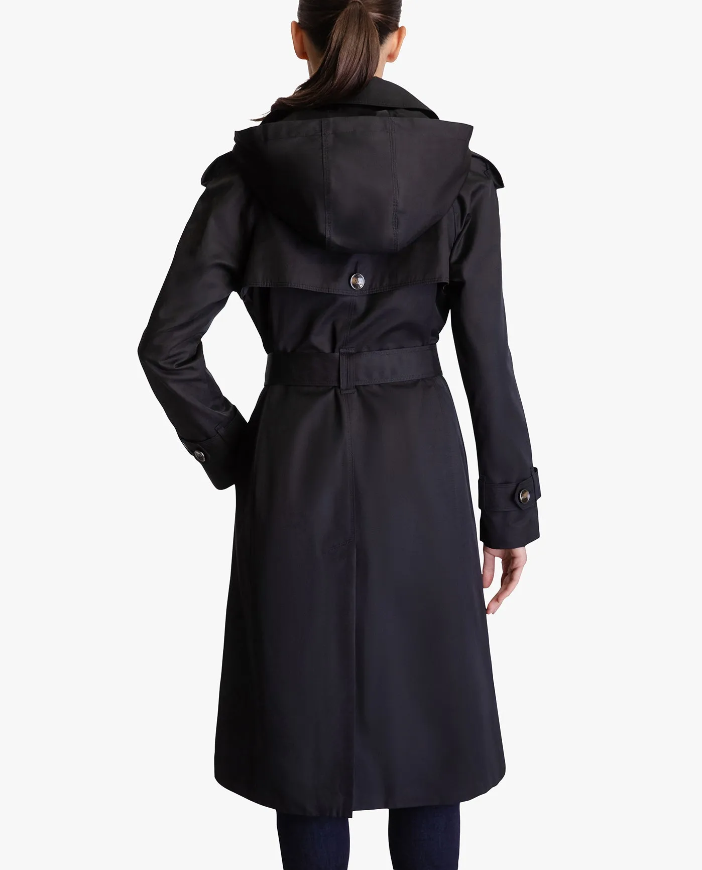 DOUBLE BREASTED BUTTON FRONT HOODED TRENCH WITH BELT