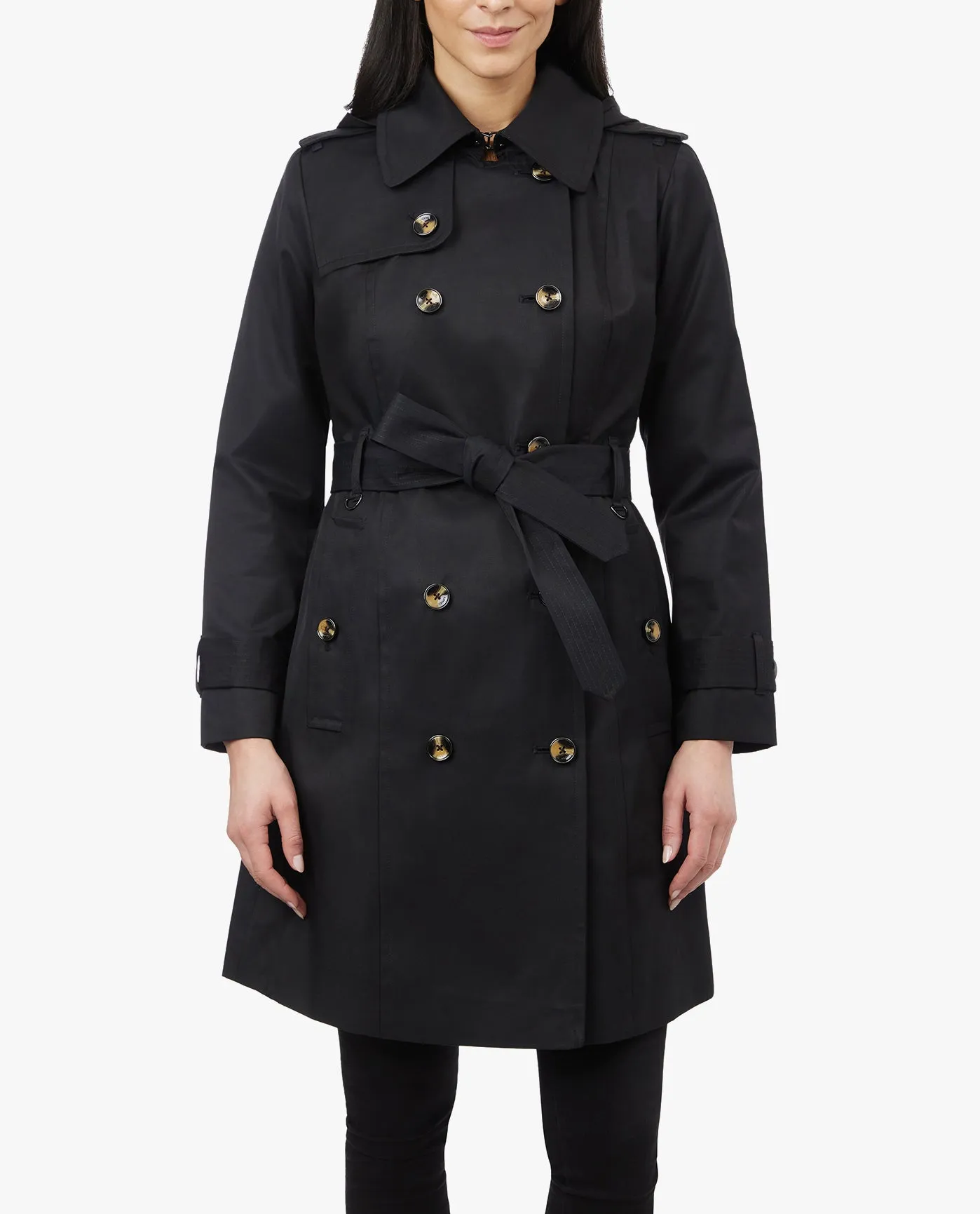 DOUBLE BREASTED HOODED TRENCH COAT WITH WAIST BELT