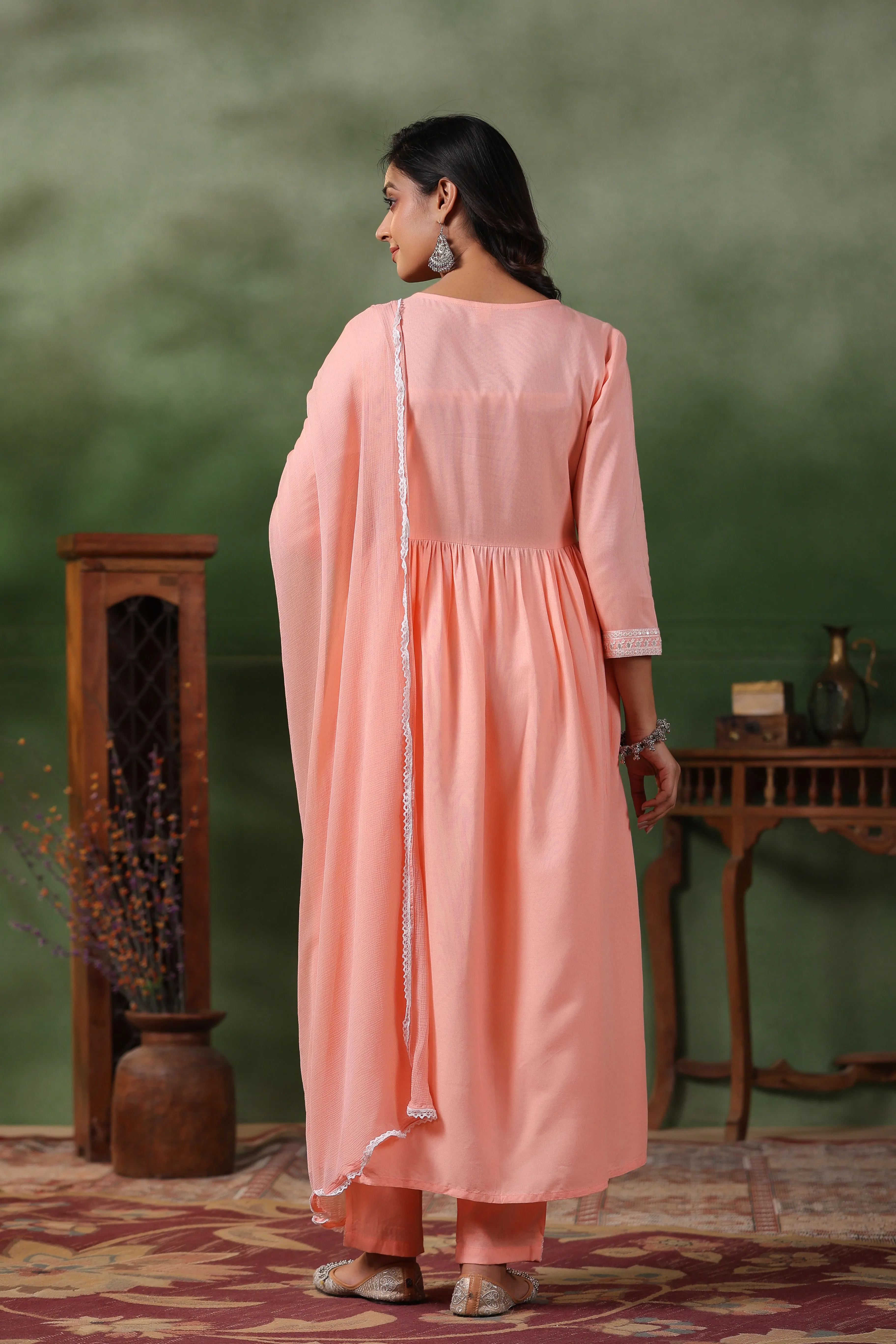 Ethnic Motifs Embroidered Pleated Kurta with Trousers & Dupatta