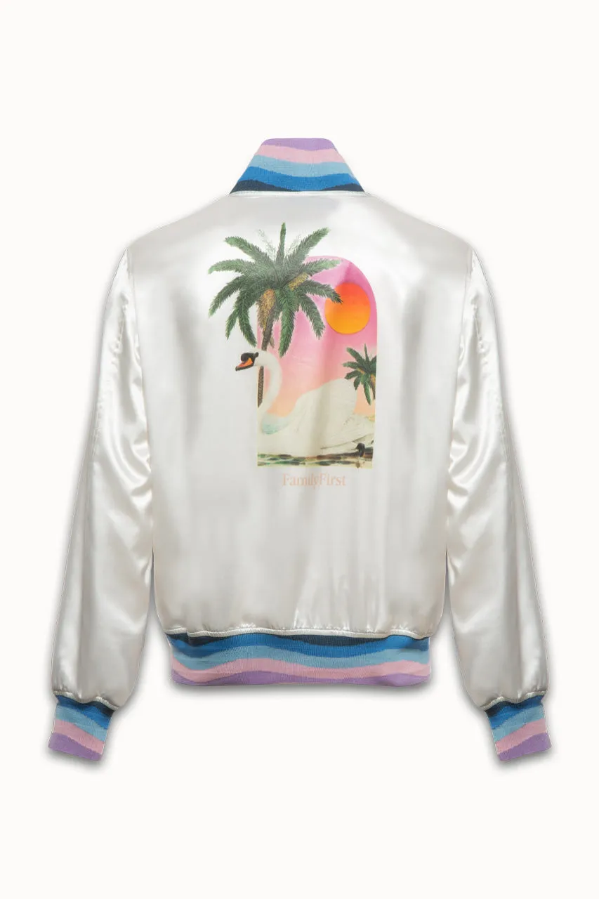 Family First Satin Swan Bomber Jacket - White