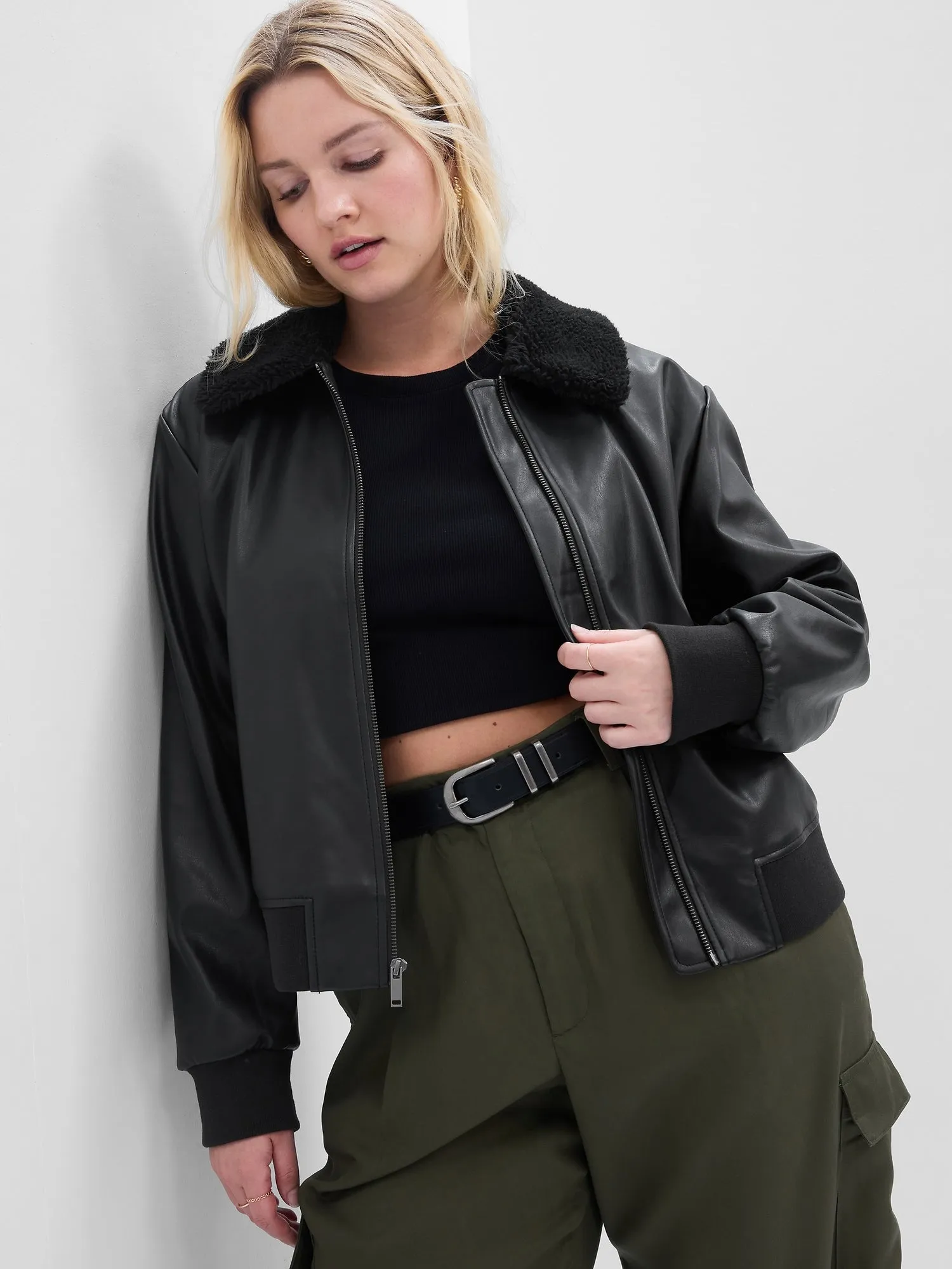 Faux-Leather Bomber Jacket