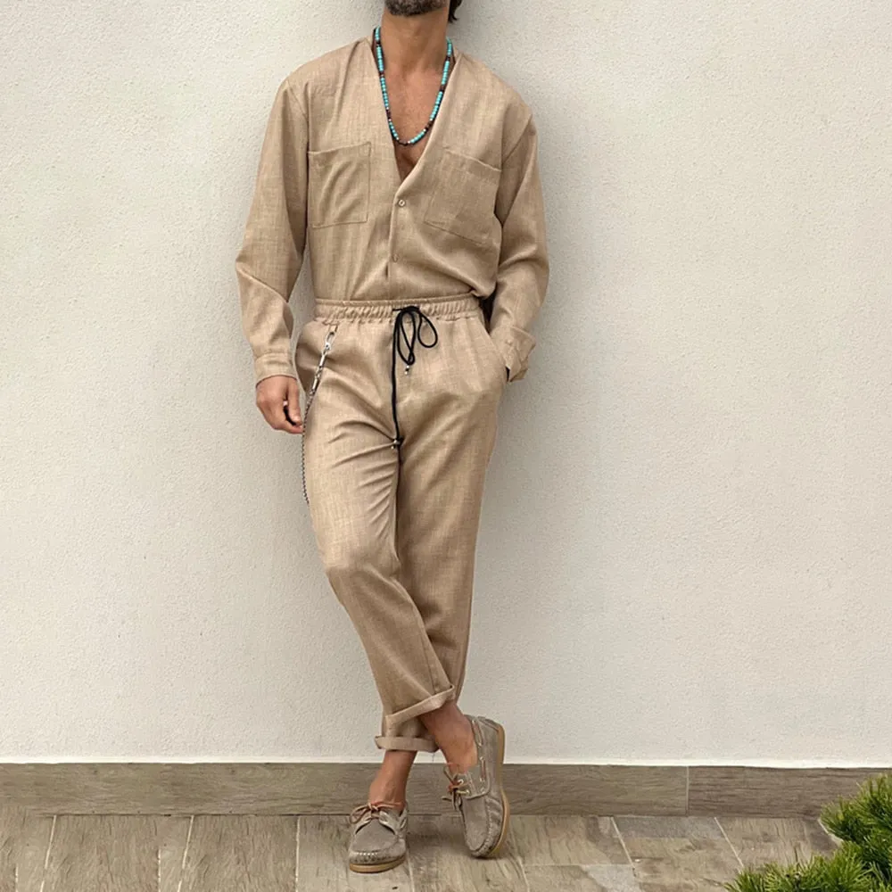 Foesce -Casual Cotton and Linen Suit Men's Casual Summer Vacation Solid Color Short-sleeved Shirt Straight Trousers Two-piece Set