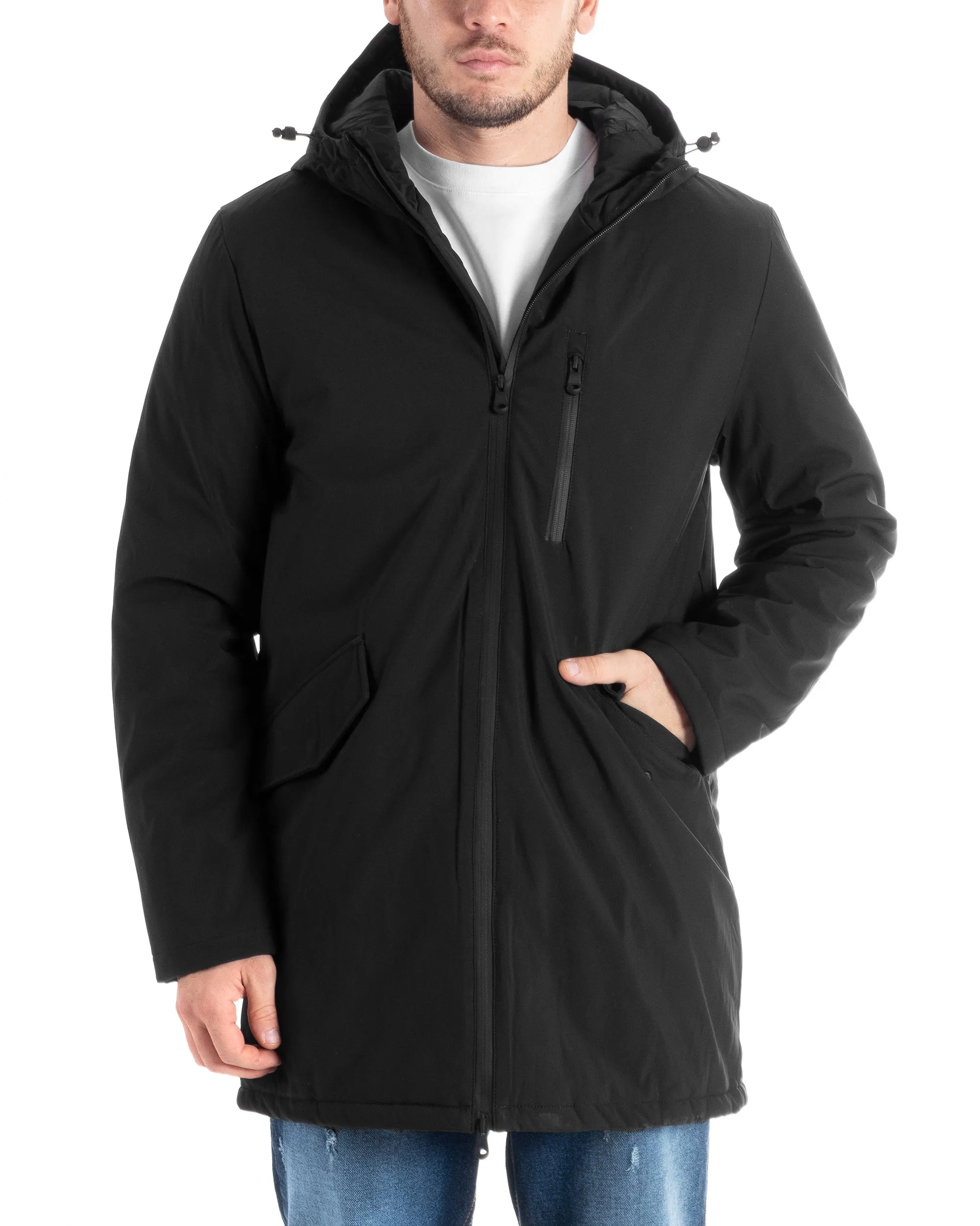 Giubbotto Uomo Impermeabile Trench Lungo Tessuto Tecnico Imbottito Cappuccio Nero GIOSAL-G3134A