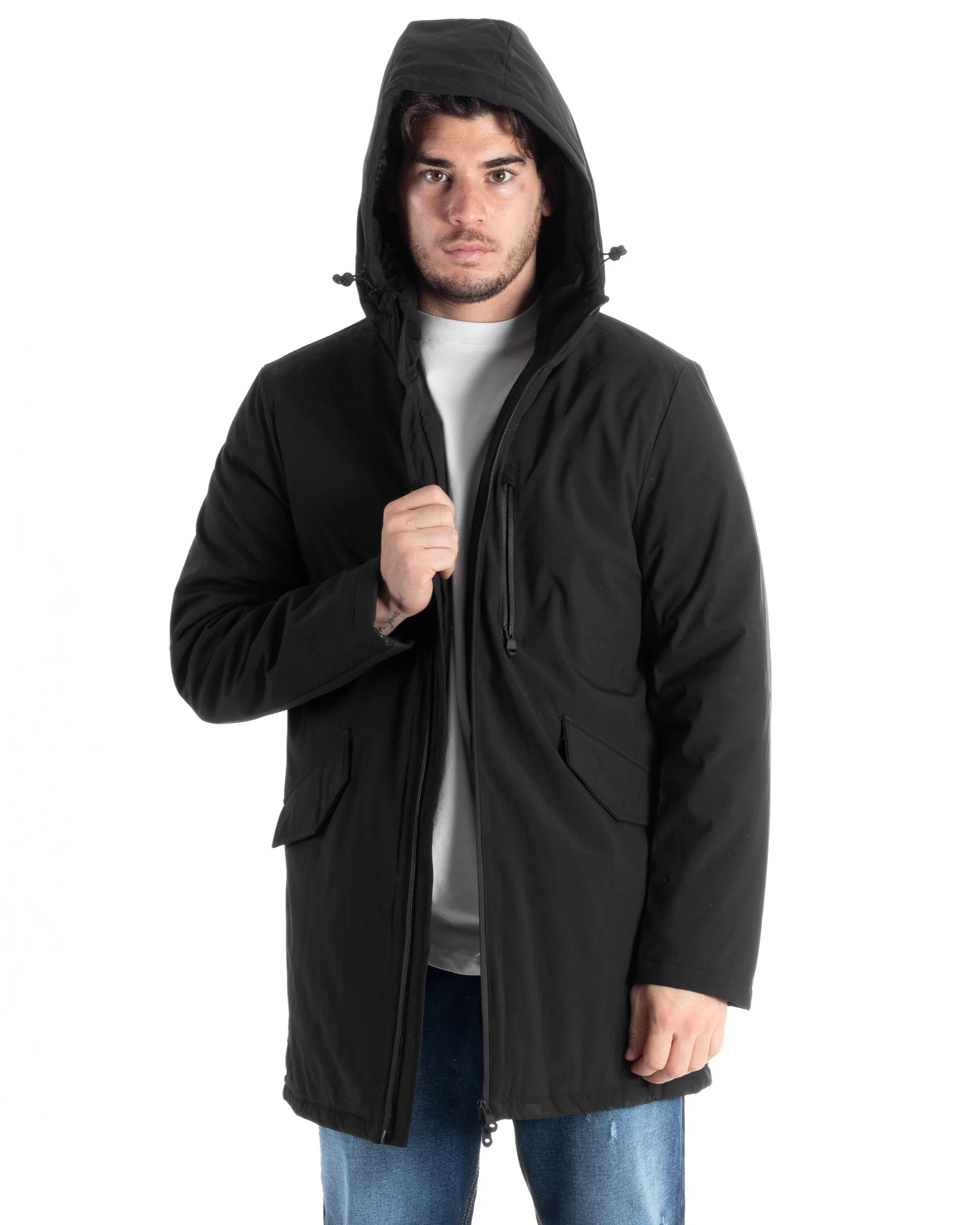 Giubbotto Uomo Impermeabile Trench Lungo Tessuto Tecnico Imbottito Cappuccio Nero GIOSAL-G3134A