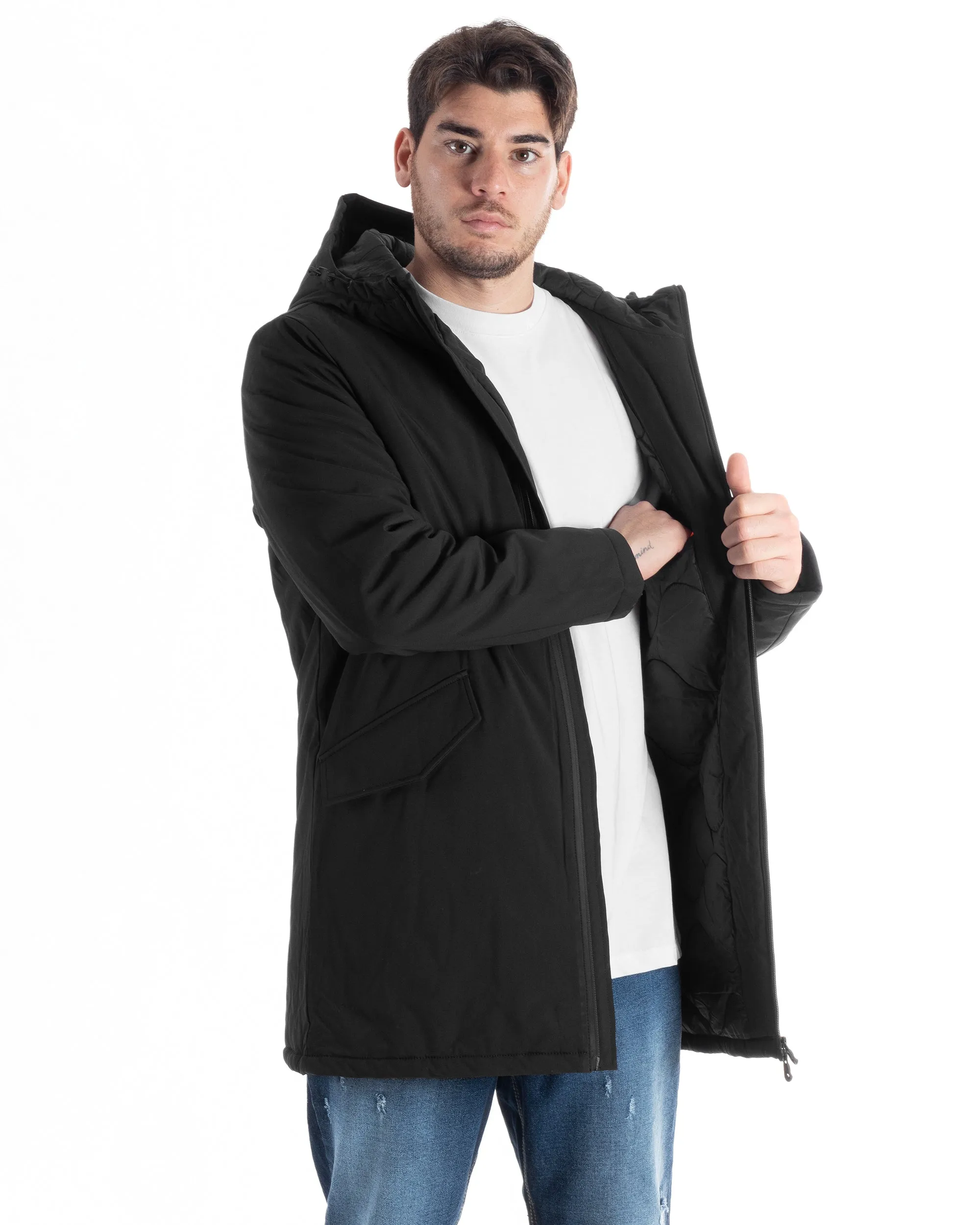 Giubbotto Uomo Impermeabile Trench Lungo Tessuto Tecnico Imbottito Cappuccio Nero GIOSAL-G3134A