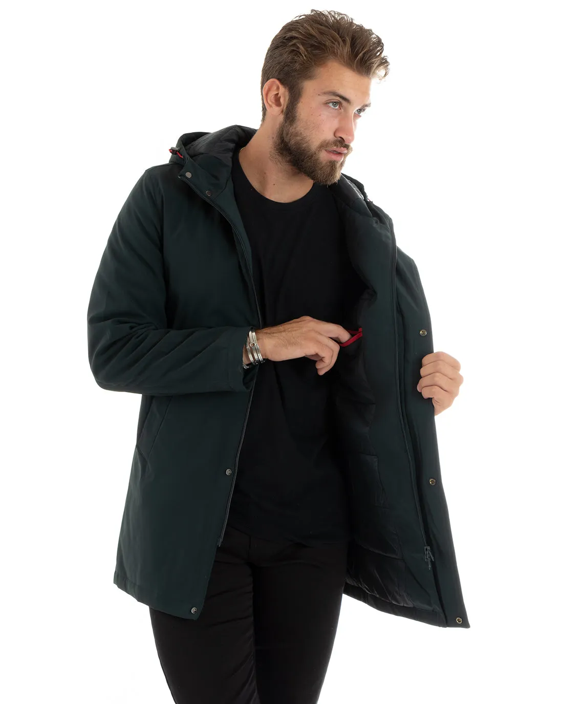 Giubbotto Uomo Trench Impermeabile Tessuto Tecnico Giaccone Lungo Imbottito Cappuccio Petrolio GIOSAL-G3092A