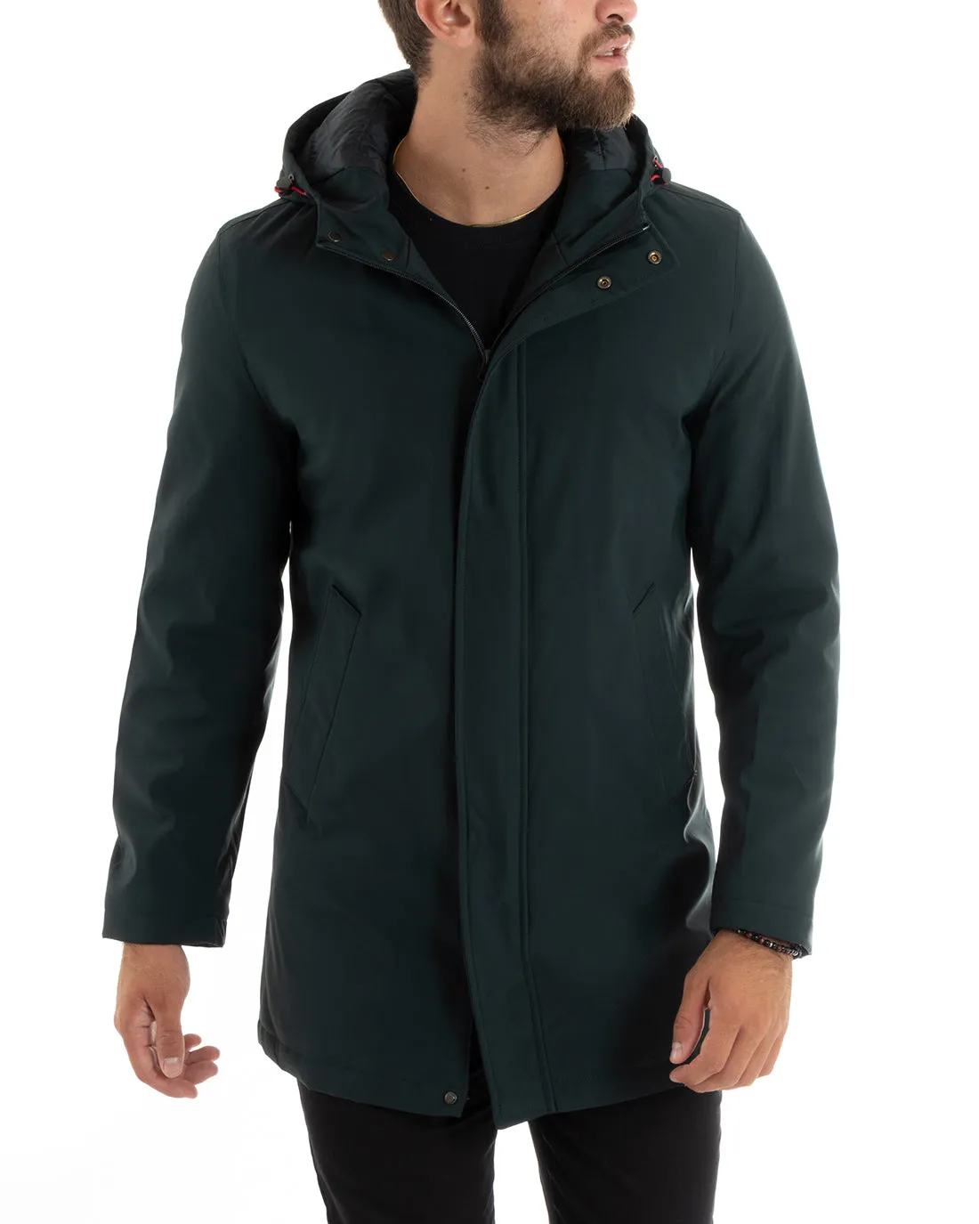 Giubbotto Uomo Trench Impermeabile Tessuto Tecnico Giaccone Lungo Imbottito Cappuccio Petrolio GIOSAL-G3092A