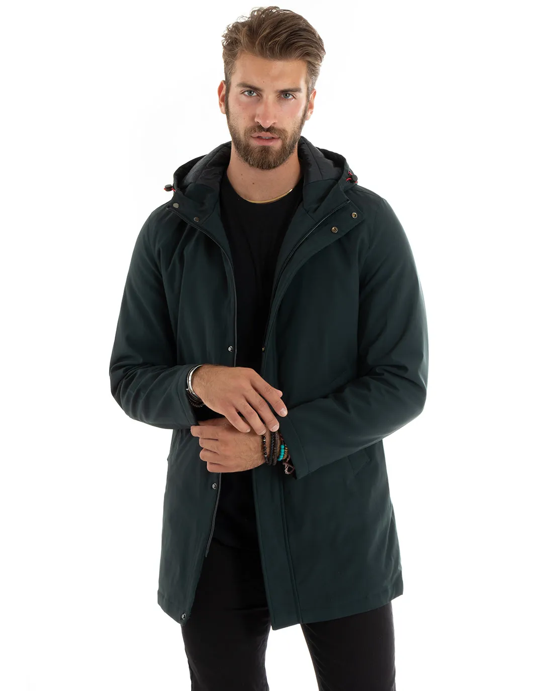 Giubbotto Uomo Trench Impermeabile Tessuto Tecnico Giaccone Lungo Imbottito Cappuccio Petrolio GIOSAL-G3092A