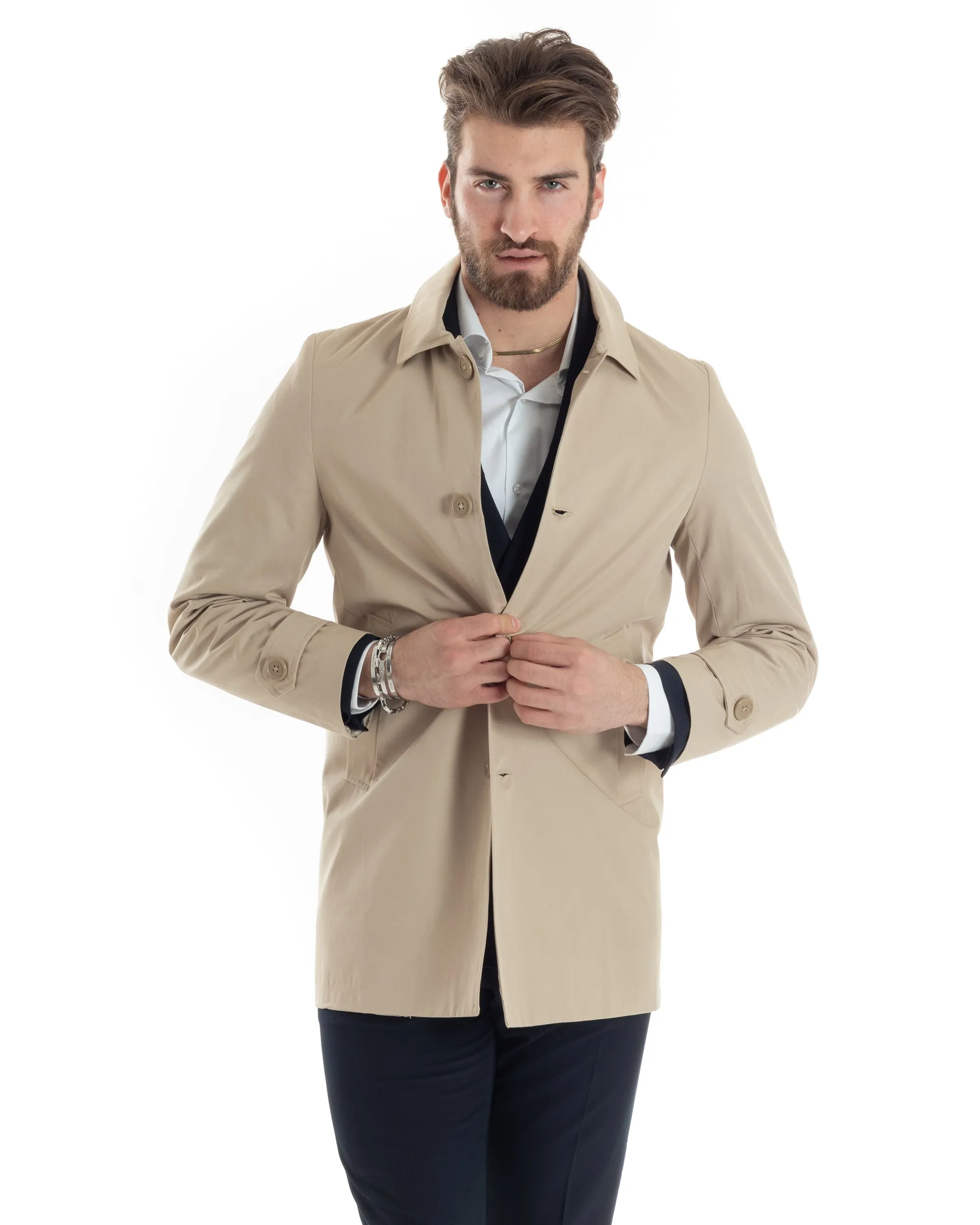 Giubbotto Uomo Trench Lungo Con Colletto Tessuto Impermeabile Beige GIOSAL-G3158A