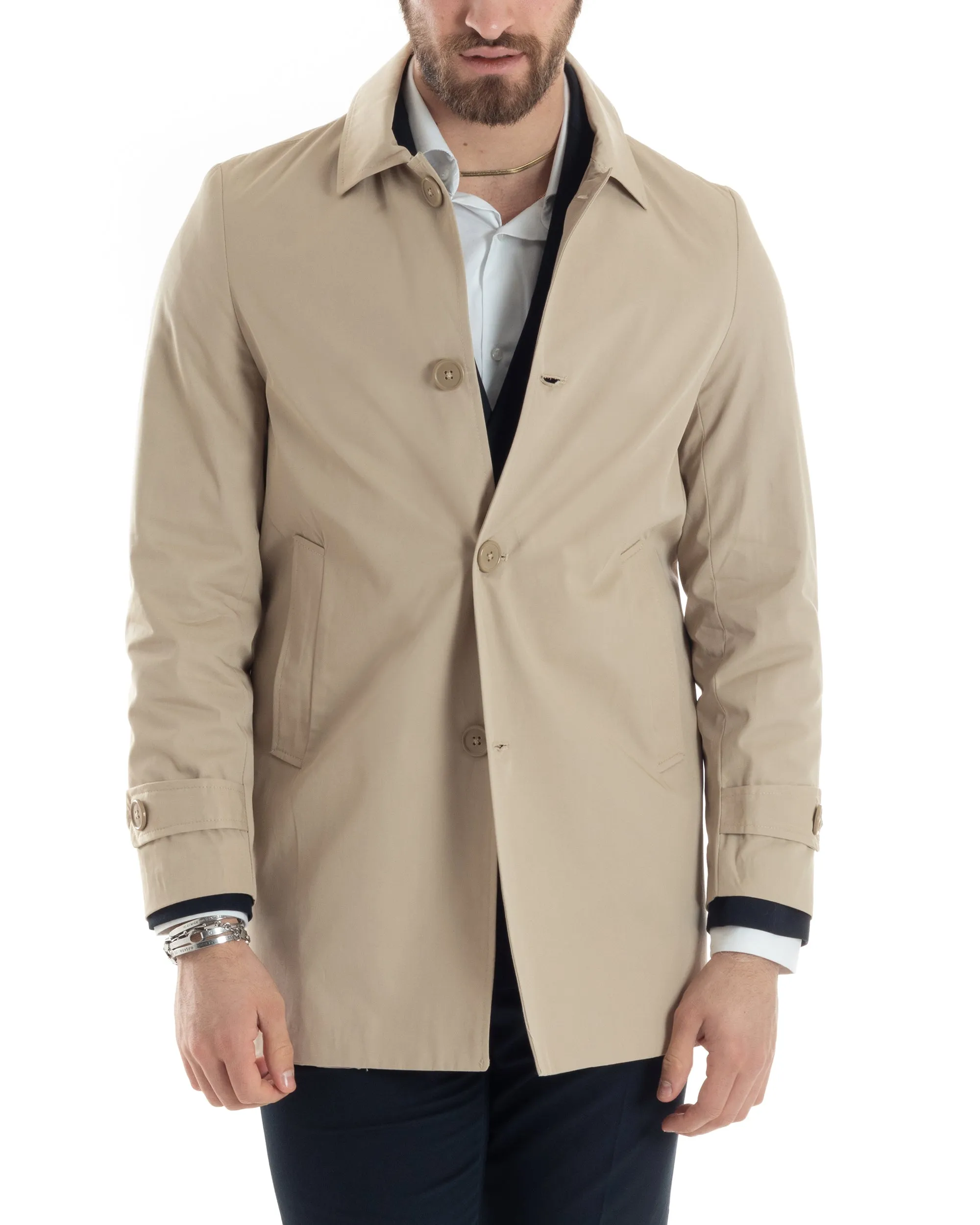 Giubbotto Uomo Trench Lungo Con Colletto Tessuto Impermeabile Beige GIOSAL-G3158A