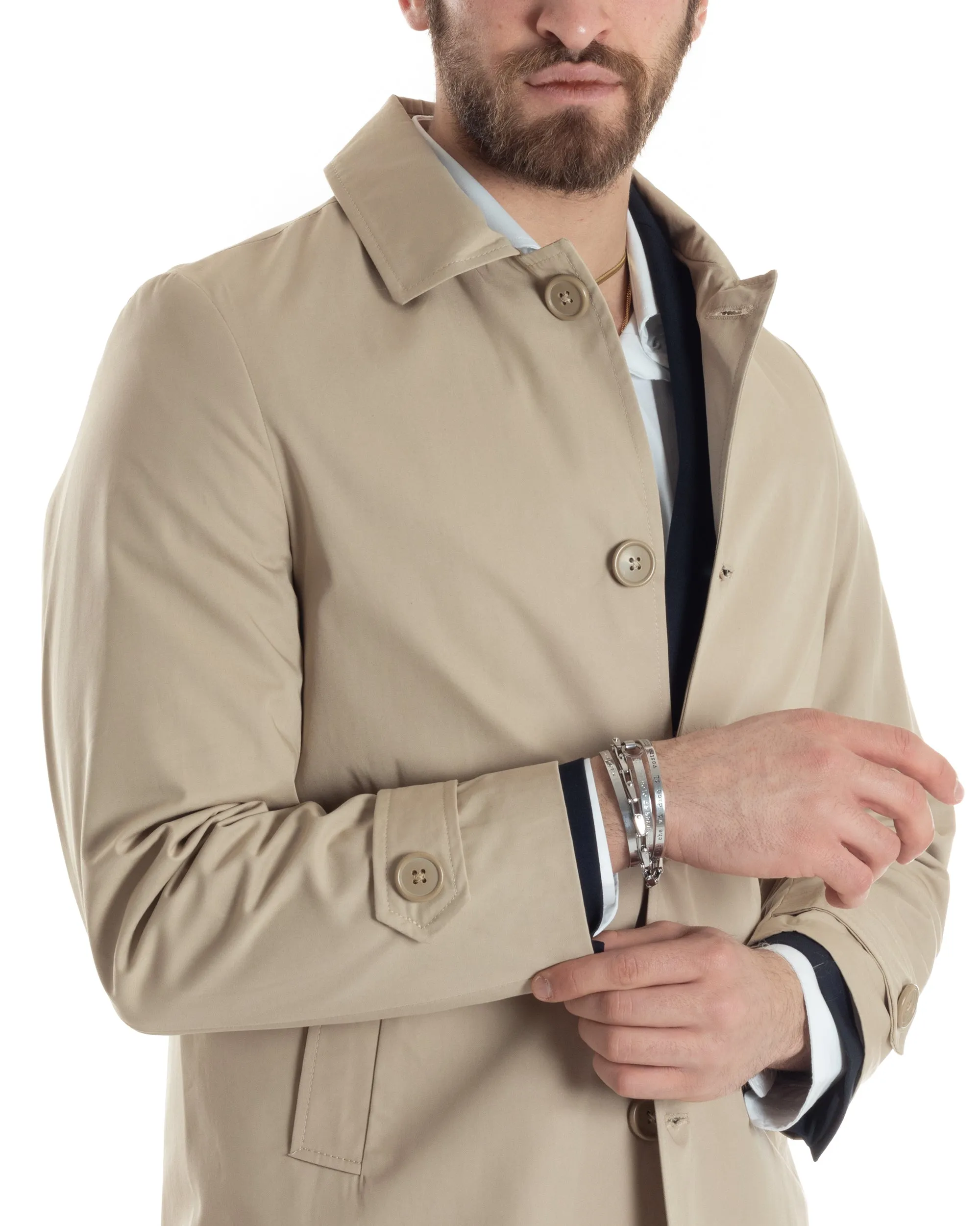 Giubbotto Uomo Trench Lungo Con Colletto Tessuto Impermeabile Beige GIOSAL-G3158A