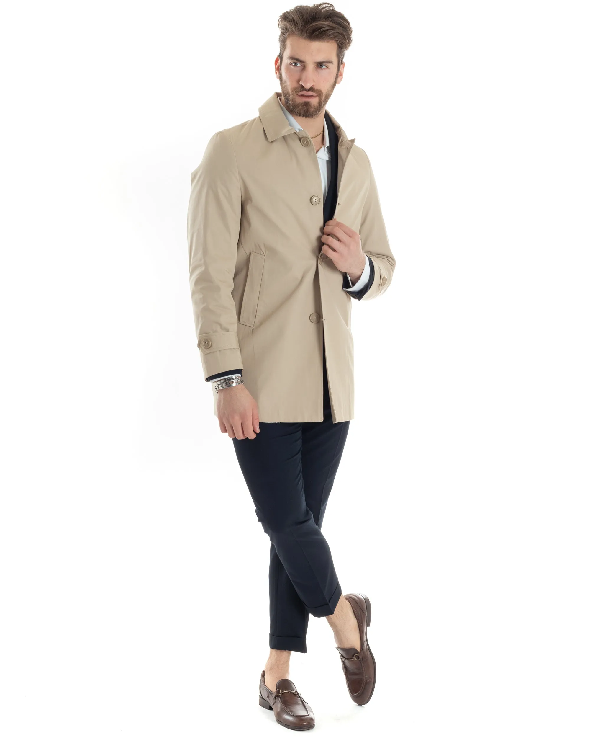 Giubbotto Uomo Trench Lungo Con Colletto Tessuto Impermeabile Beige GIOSAL-G3158A