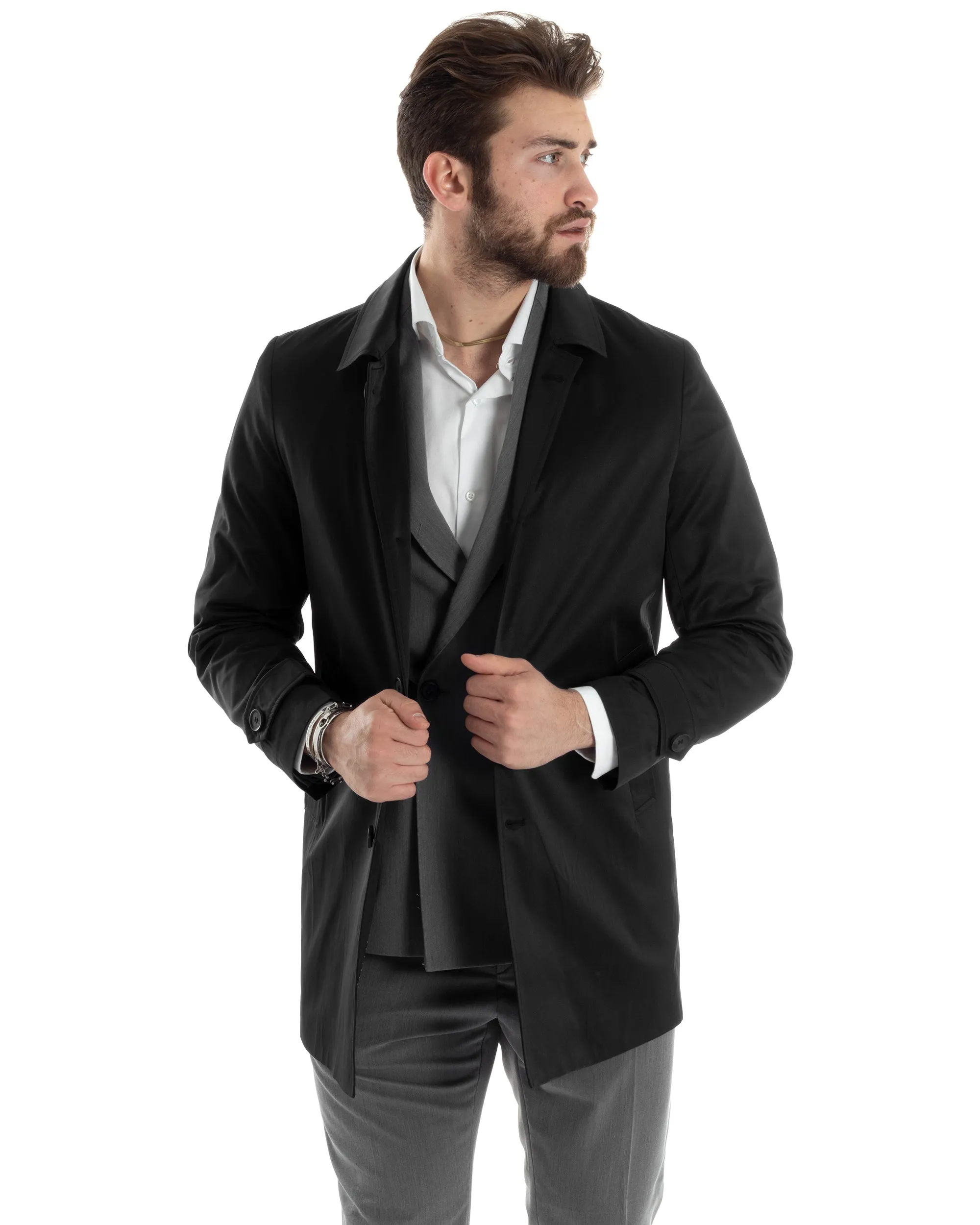 Giubbotto Uomo Trench Lungo Con Colletto Tessuto Impermeabile Nero GIOSAL-G3159A