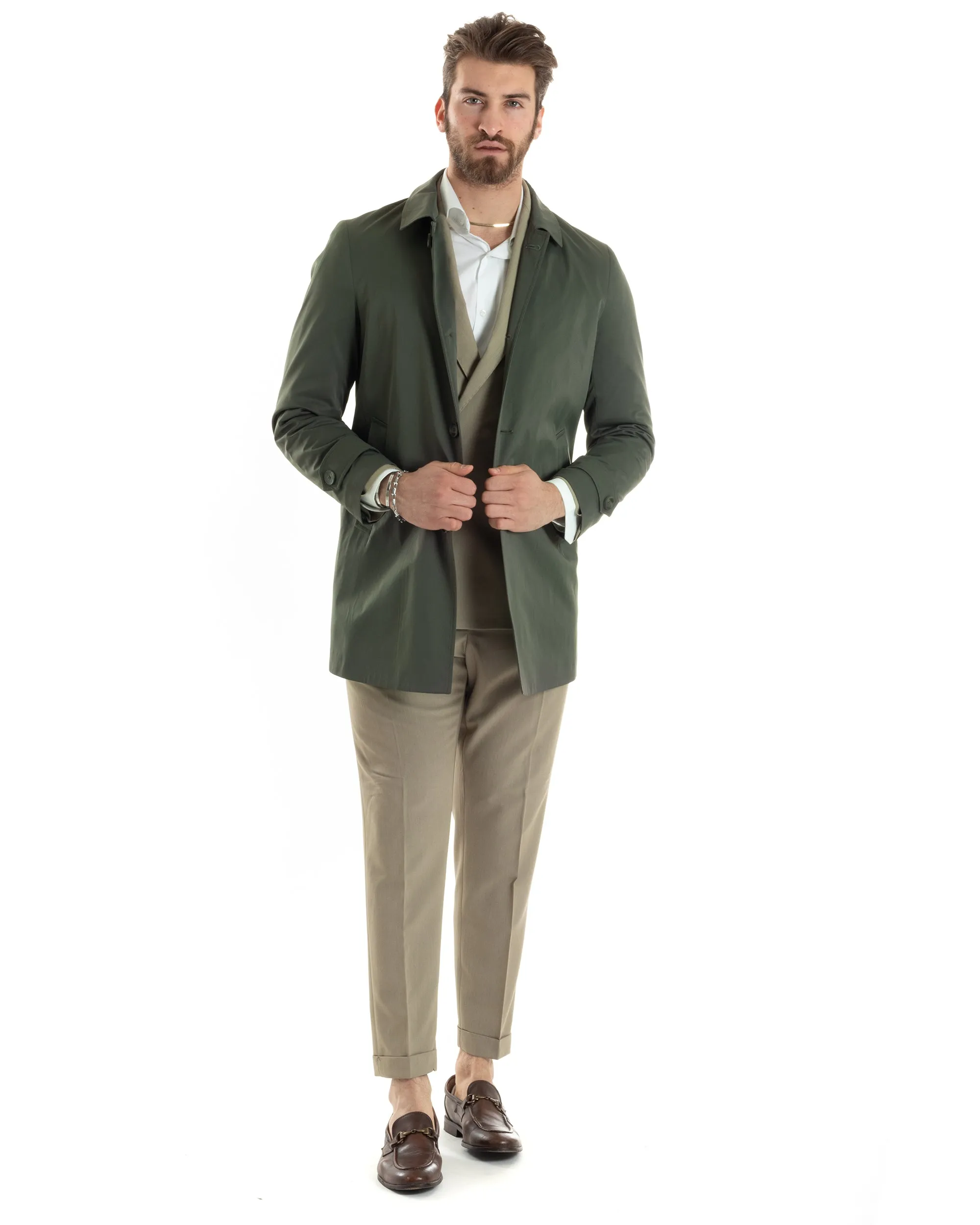 Giubbotto Uomo Trench Lungo Con Colletto Tessuto Impermeabile Verde GIOSAL-G3160A