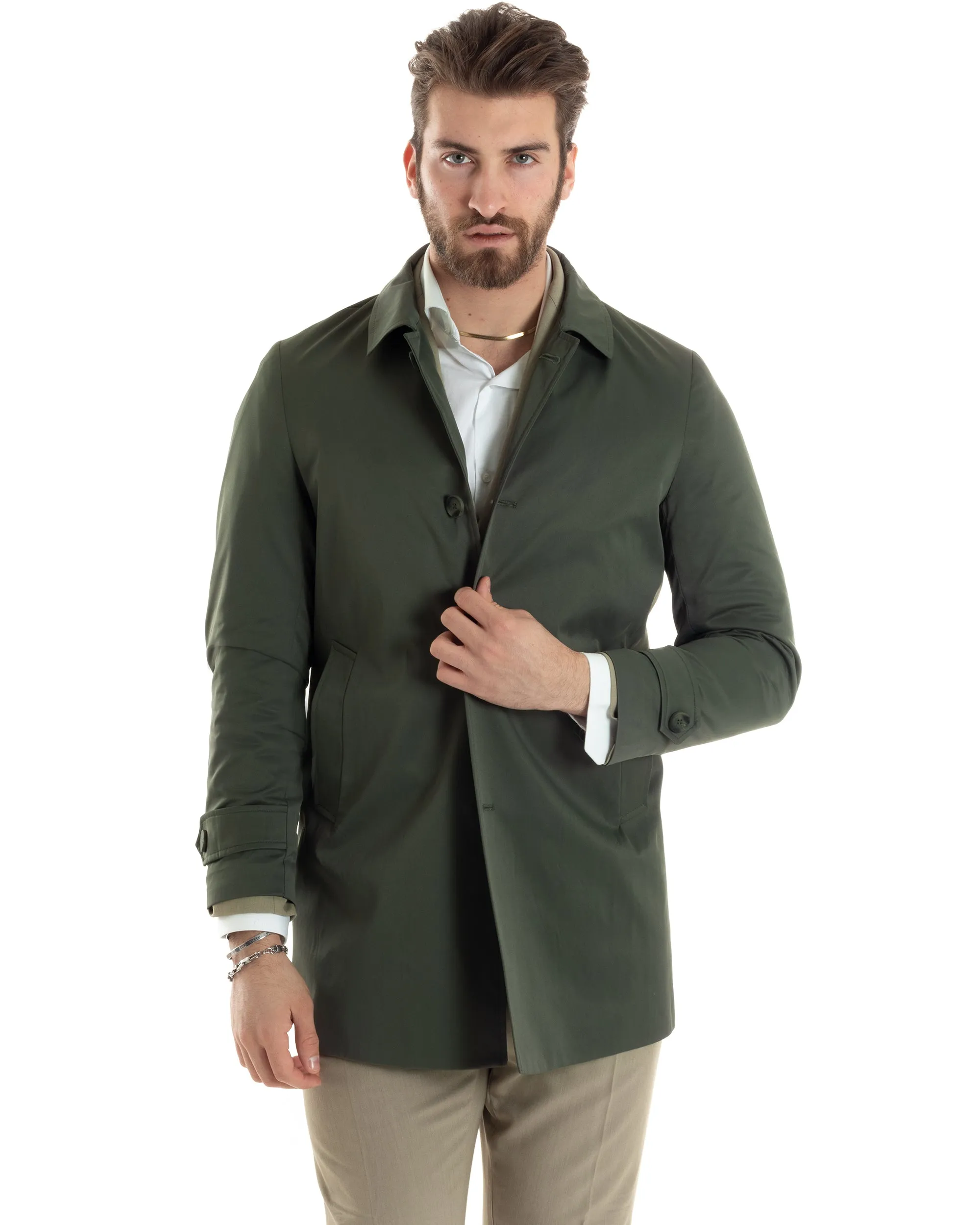 Giubbotto Uomo Trench Lungo Con Colletto Tessuto Impermeabile Verde GIOSAL-G3160A