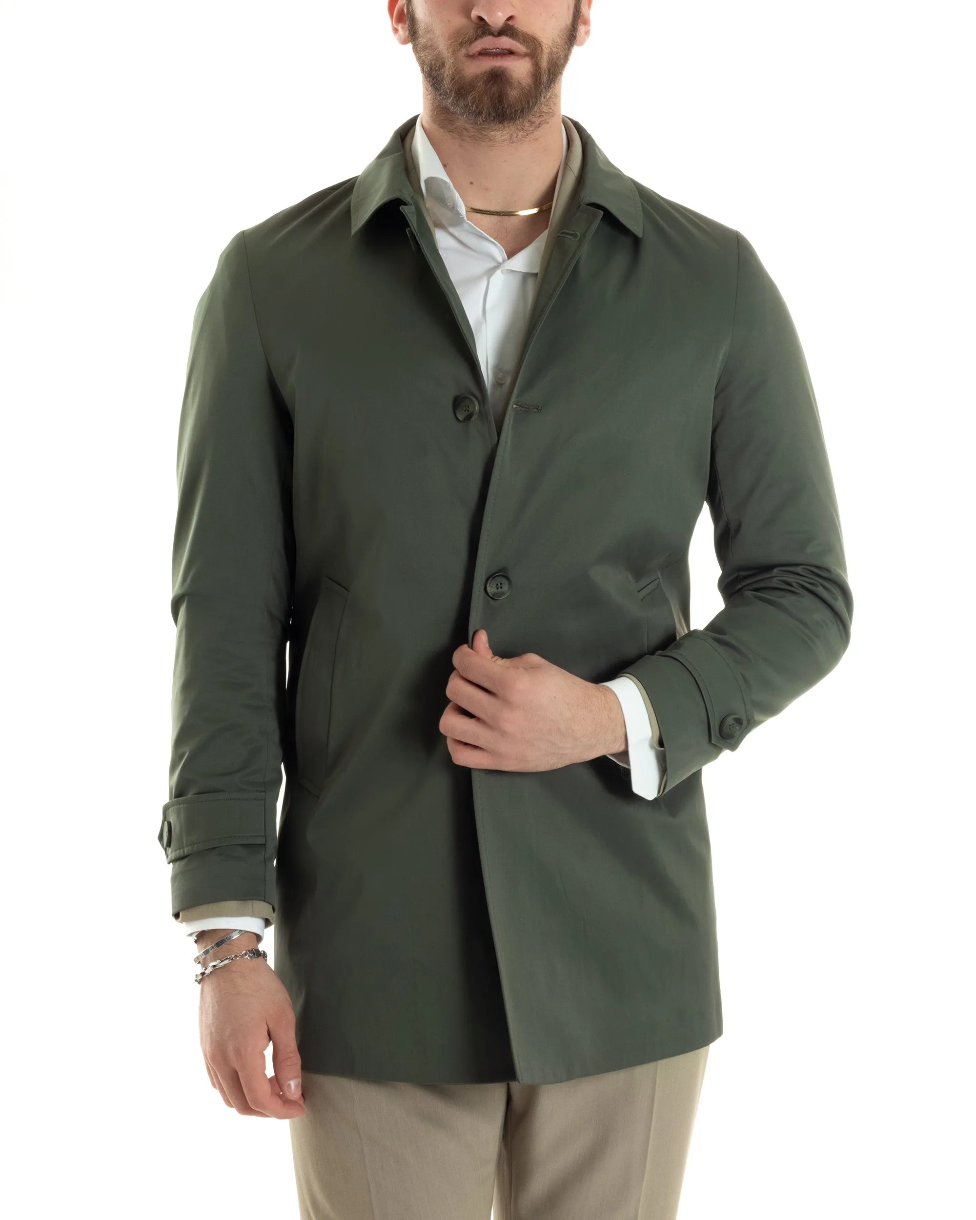 Giubbotto Uomo Trench Lungo Con Colletto Tessuto Impermeabile Verde GIOSAL-G3160A