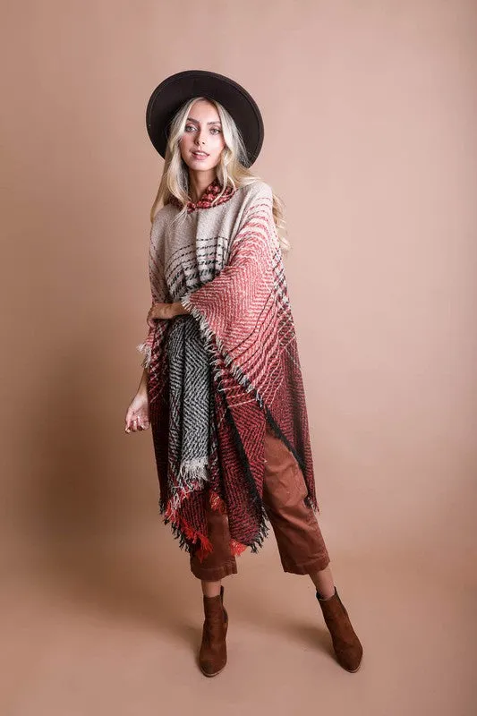 Herringbone Tweed Hooded Frayed Edge Poncho