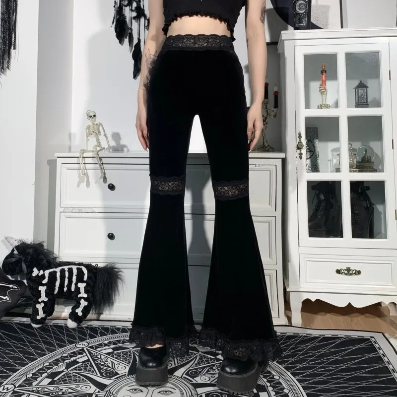 InsGoth Mall Goth High Waist Flared Pants Aesthetic Sexy Lace Patchwork Trousers Women Vintage Elegant Velvet Christmas Pants