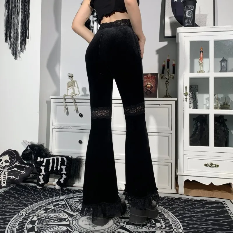 InsGoth Mall Goth High Waist Flared Pants Aesthetic Sexy Lace Patchwork Trousers Women Vintage Elegant Velvet Christmas Pants