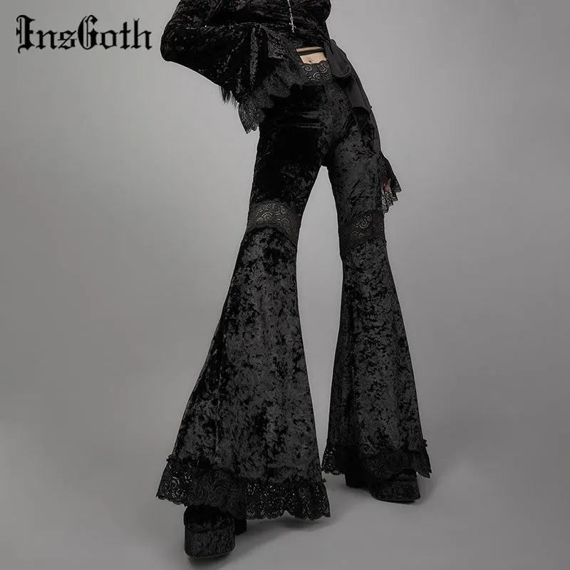 InsGoth Mall Goth High Waist Flared Pants Aesthetic Sexy Lace Patchwork Trousers Women Vintage Elegant Velvet Christmas Pants