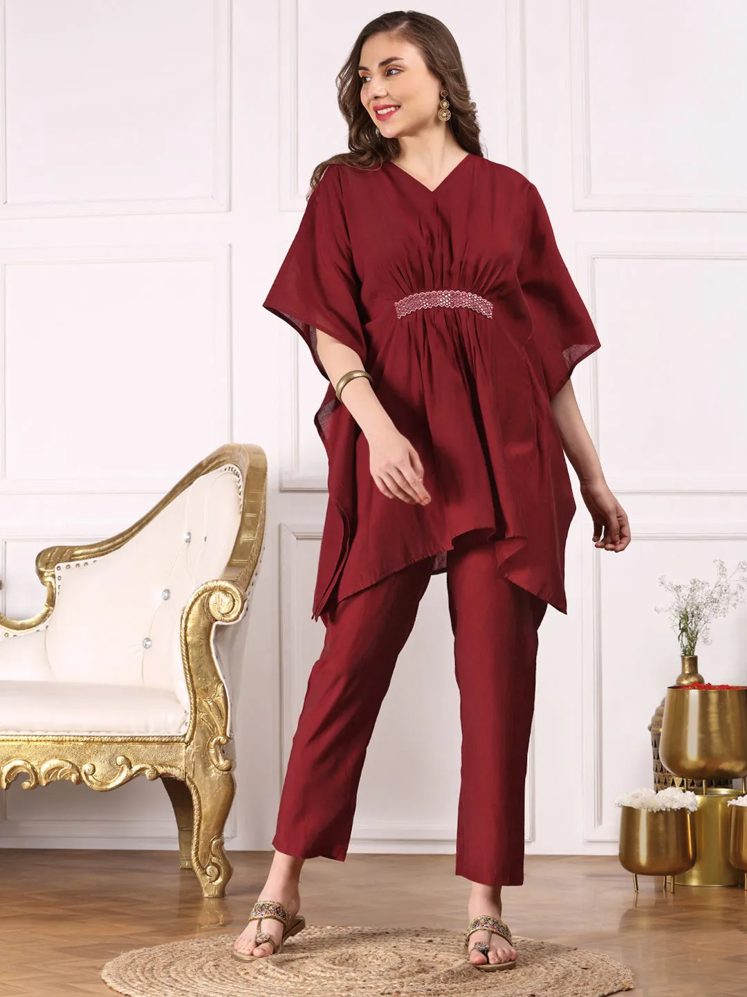 Ishin Women Maroon Kimono Sleeve Asymmetric Kaftan Kurti with Trousers